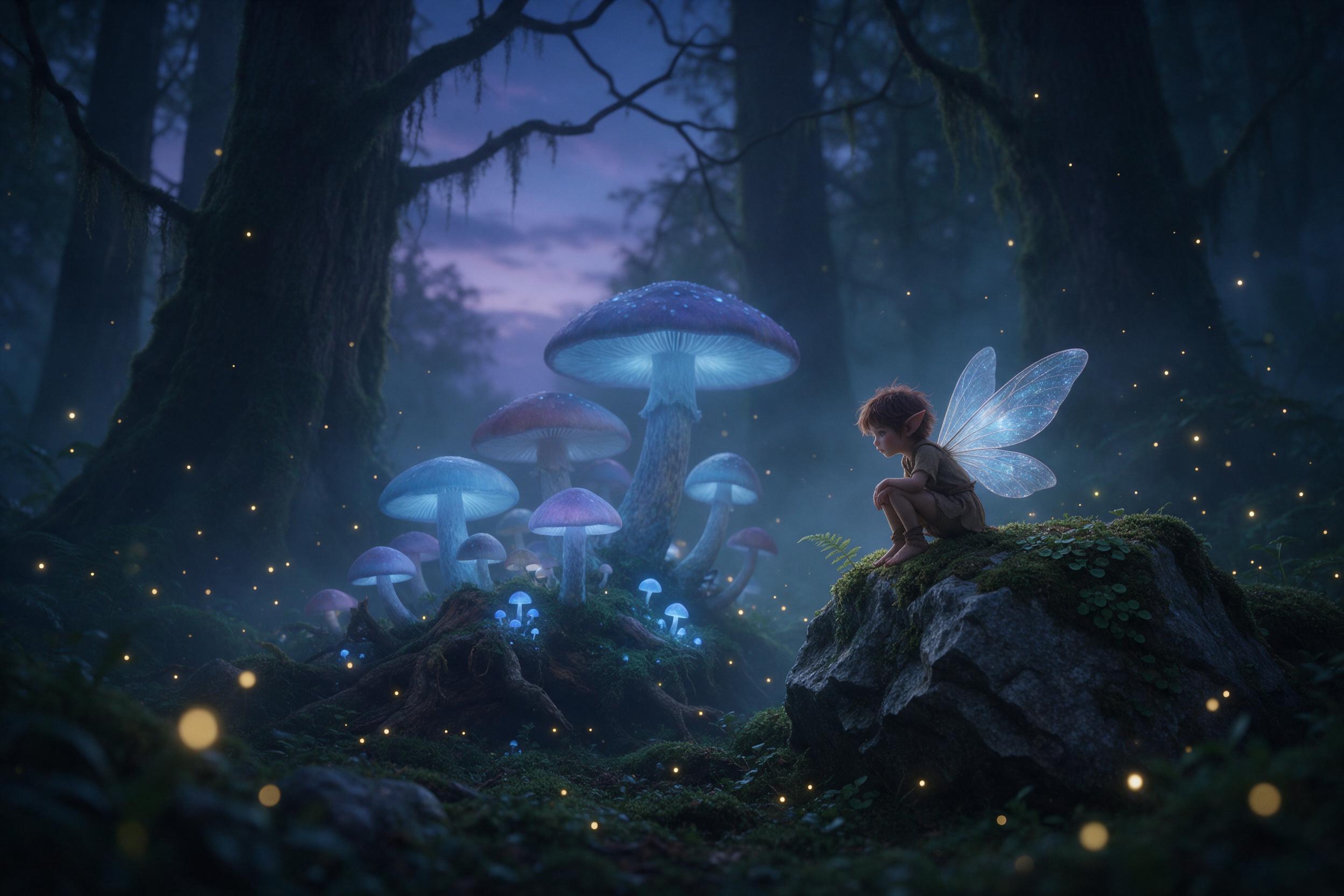 A misty ancient forest at twilight, giant glowing mushrooms casting soft blue light, a small fairy with translucent wings perched on a mossy stone, fireflies dancing in the air, deep emerald and violet tones, shallow depth of field, ethereal atmosphere