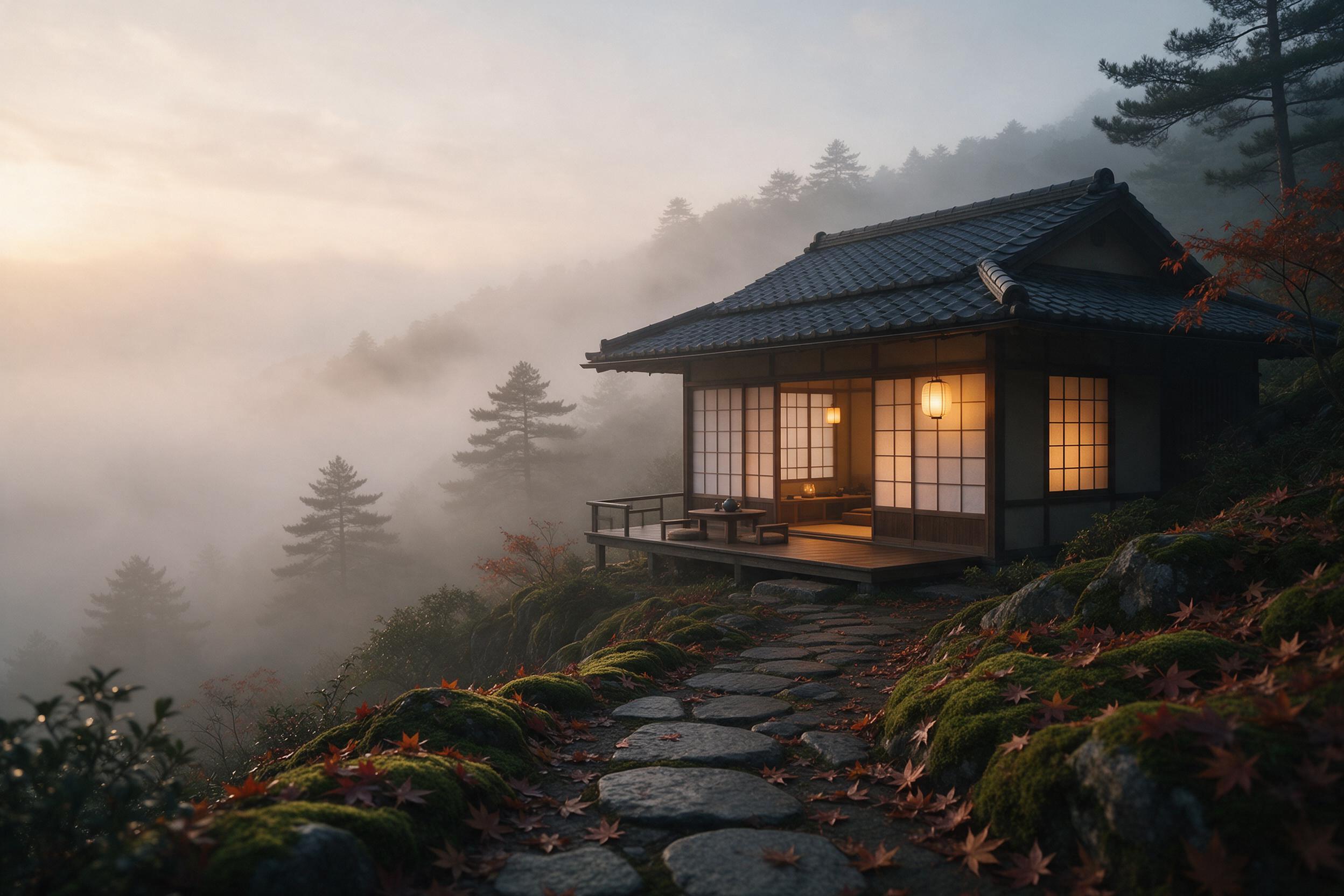A serene Japanese tea house nestled on a misty mountainside at dawn, with warm lantern light spilling from shoji screens onto a small wooden deck. Foreground shows a stone path lined with moss and maple leaves. Background features layered fog and distant pine silhouettes. Soft morning light, gentle 