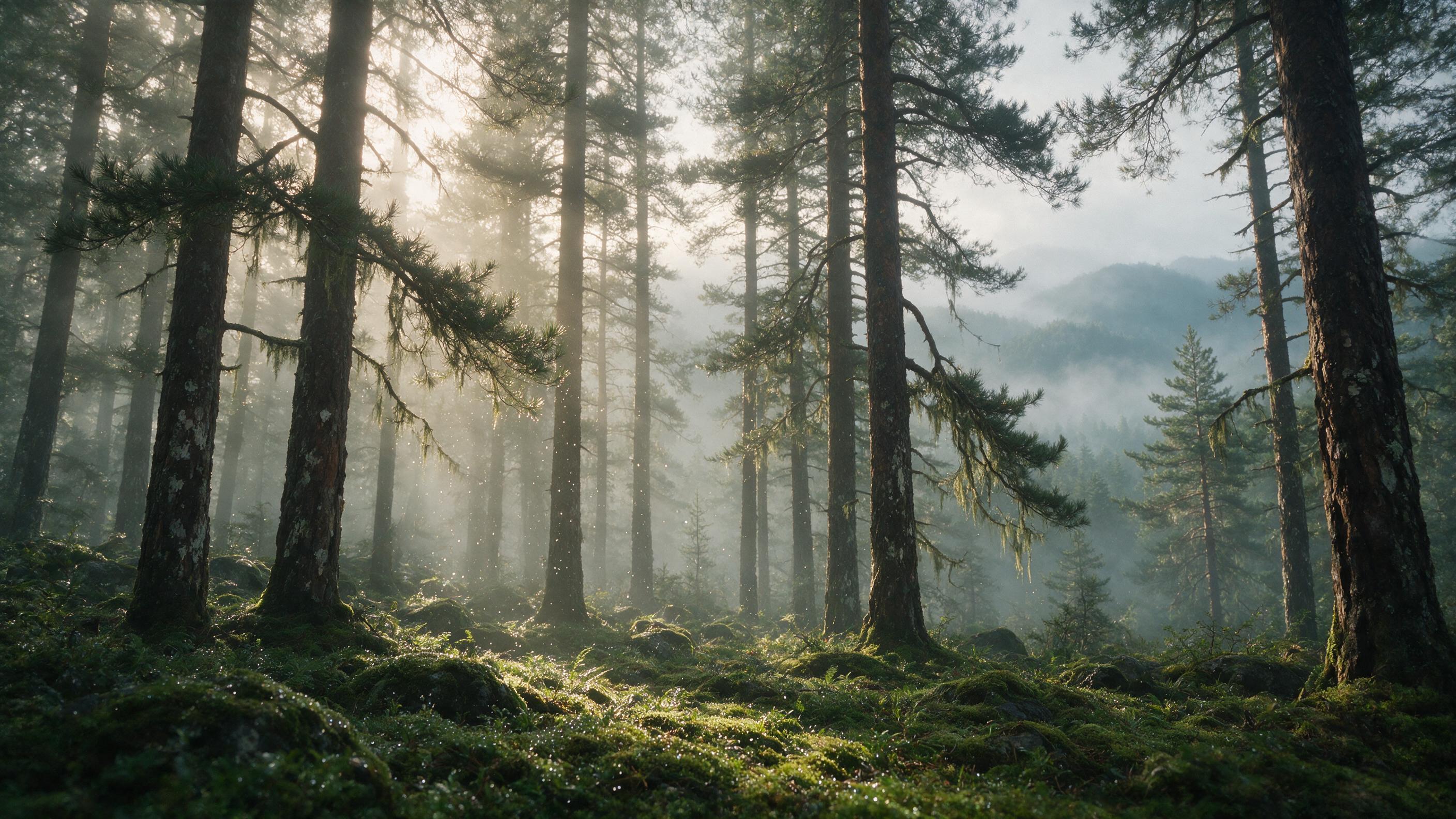 Dense misty pine forest at dawn, towering trees with soft golden sunlight filtering through, ethereal light rays, dew on mossy ground, distant mountains obscured by fog, layered depth, tranquil atmosphere, muted green and amber tones