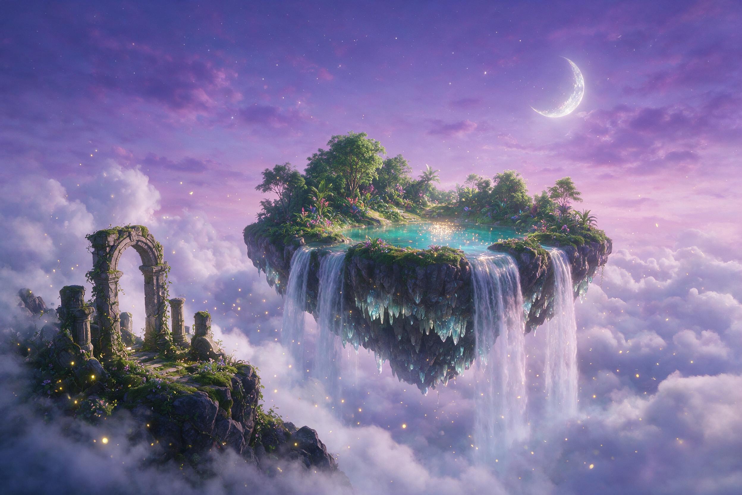 A luminous floating island with cascading waterfalls under a violet twilight sky, surrounded by glowing fireflies, misty clouds, and ancient stone ruins entwined with vines, soft diffusion lens, dreamy atmosphere