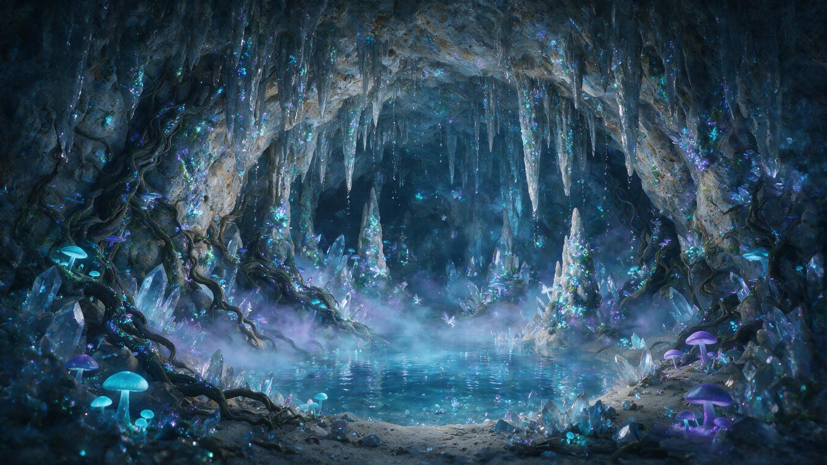A luminous crystal cave deep underground, bioluminescent moss and glowing mushrooms casting soft blue and purple light, stalactites dripping with shimmering water, small ethereal fairy-like creatures with translucent wings fluttering near a central crystal pool, mist rising from the water, natural a