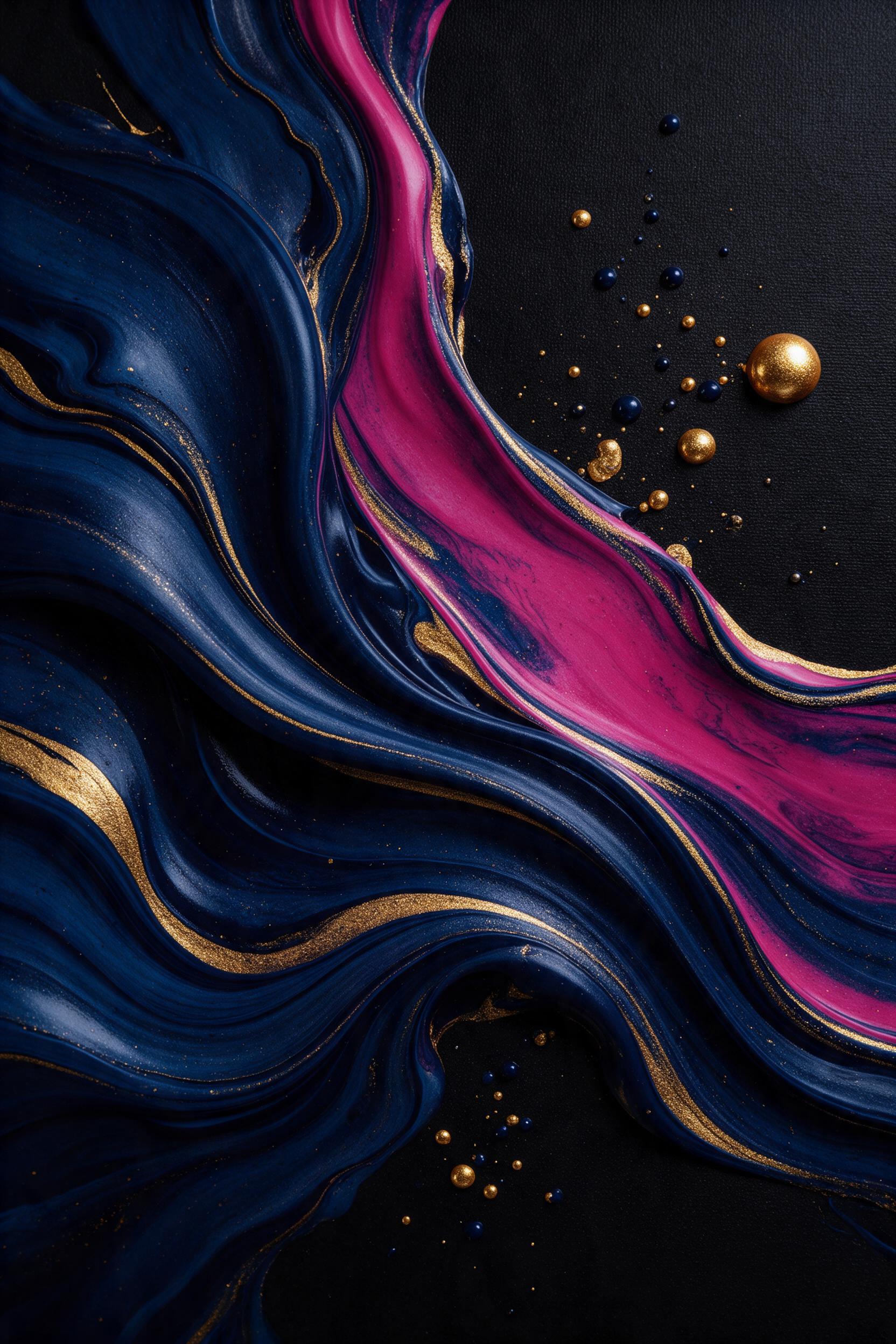 Fluid acrylic painting, swirling ribbons of deep indigo, magenta, and gold on black canvas, macro droplets frozen mid-splash, soft studio light from left, subtle grain, minimalist background, high contrast, 150mm lens perspective