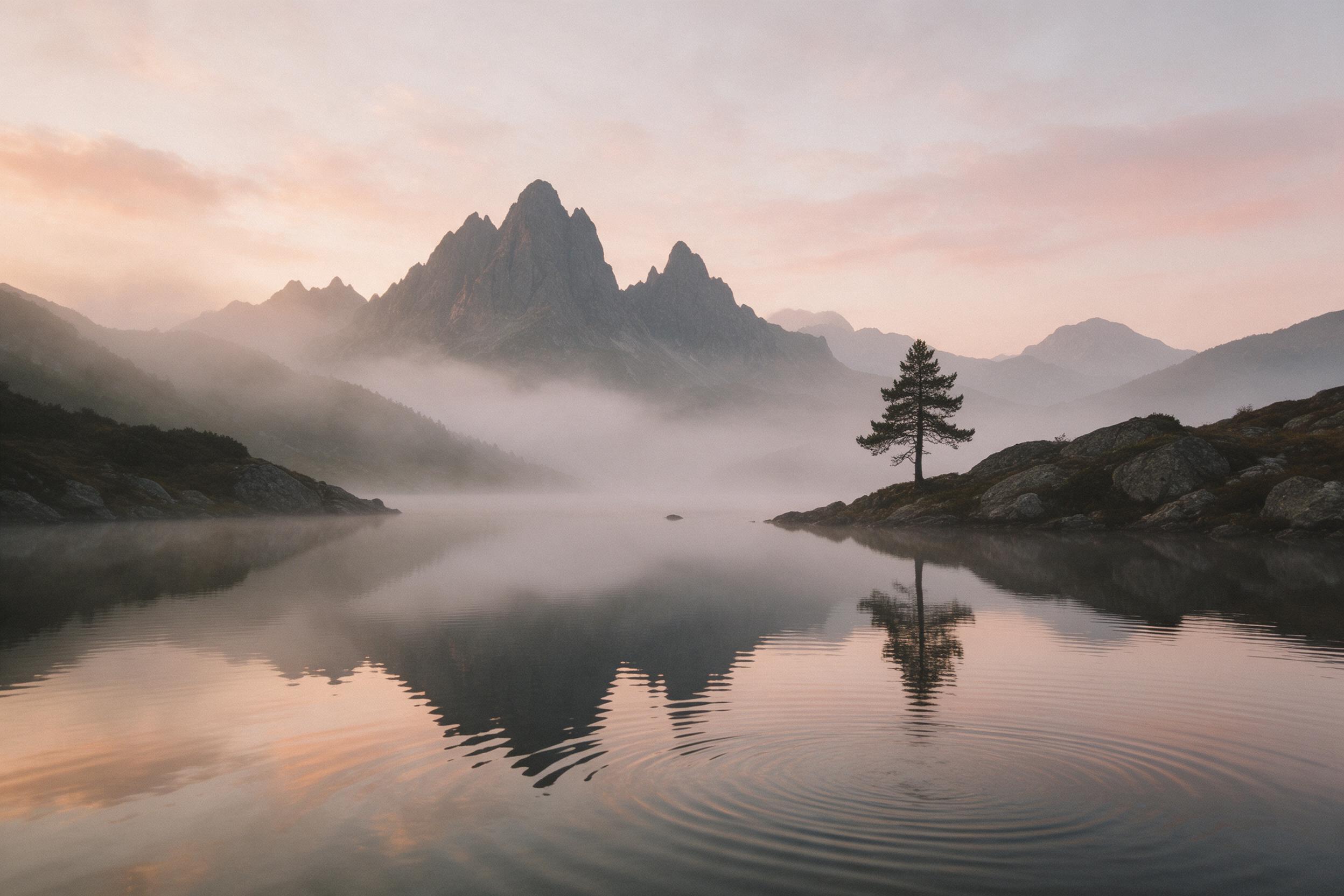 A misty mountain lake at dawn, still water reflecting jagged peaks, soft pink and orange sky, lone pine tree on rocky shore, gentle ripples, natural lighting, layered hazy ridges fading into distance, muted earthy tones, serene atmosphere, slight grain for photographic feel.