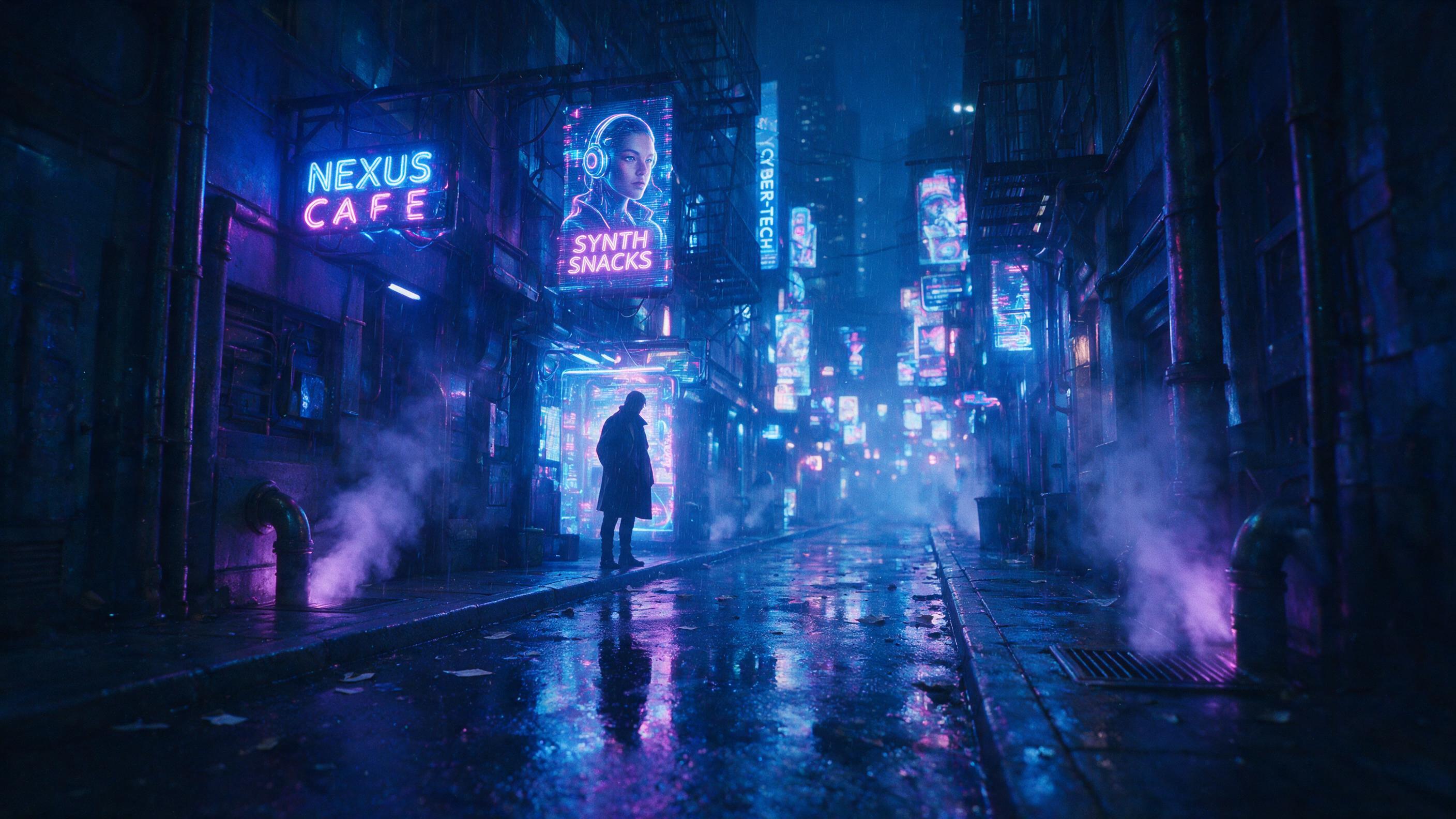 A neon-lit cyberpunk alleyway at midnight, rain-slicked asphalt reflecting holographic advertisements, a lone figure in a trench coat stands under a flickering sign, steam rising from vents, shallow depth of field, cinematic lighting with blue and magenta tones, slight grain