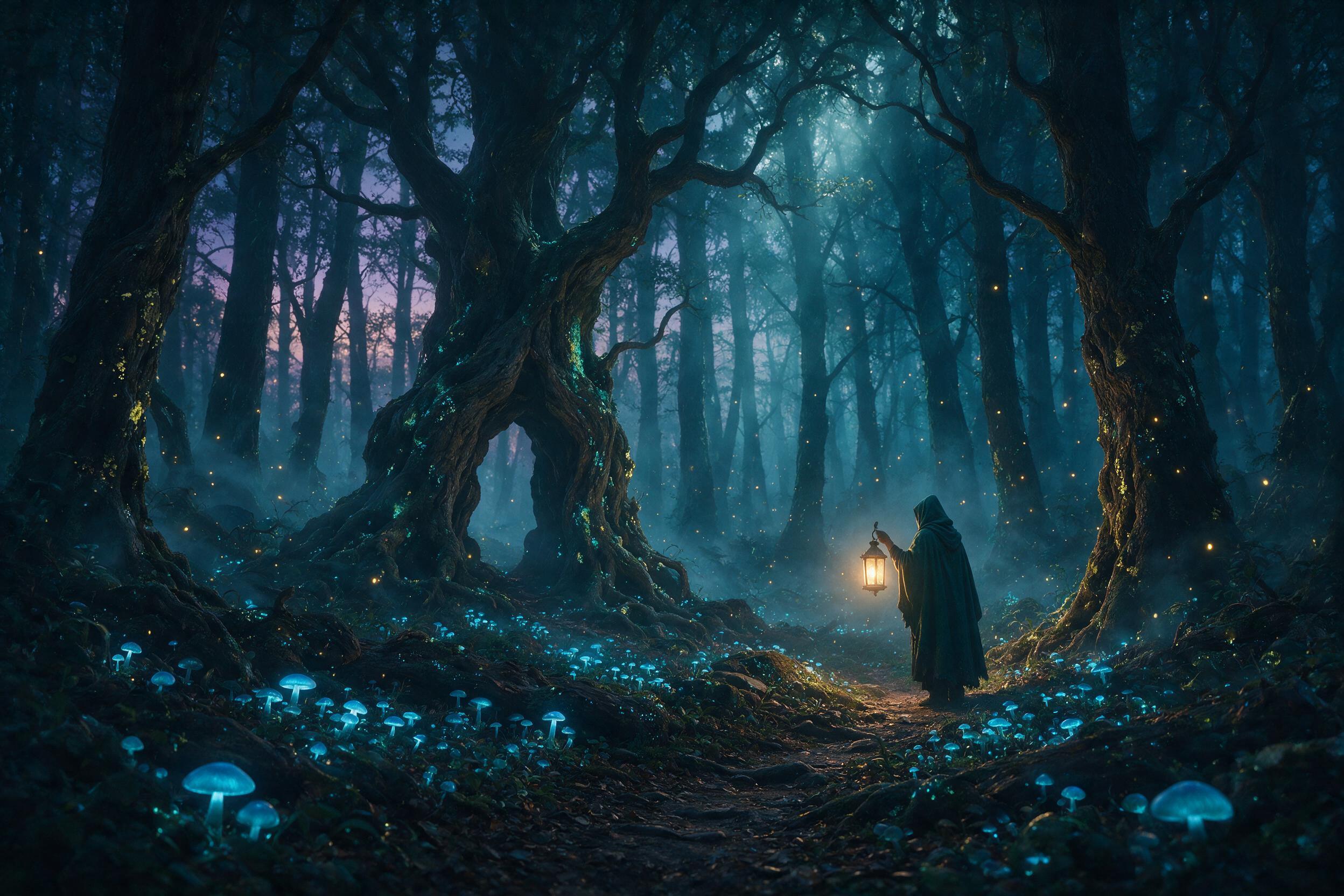 A mystical forest at twilight, glowing blue mushrooms carpet the ground, ancient twisted trees with luminescent moss, a lone hooded figure holding a lantern on a winding path, soft mist snaking between trunks, fireflies dancing in the air, deep teal and violet palette, ethereal light beams filtering
