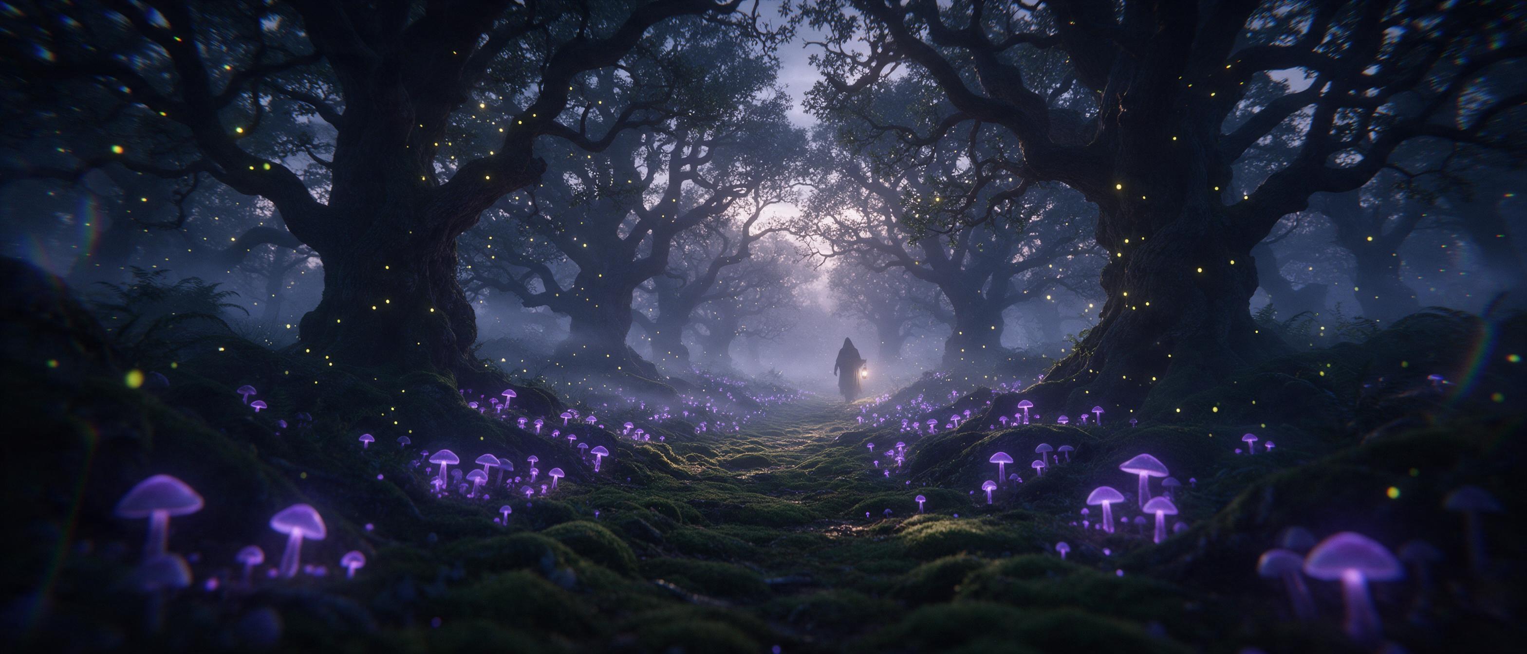 Enchanted forest at twilight, glowing violet mushrooms along a mossy path, fireflies weaving through ancient twisted oaks, soft mist catching silver light, a lone hooded figure with a lantern in the distance, cinematic composition, ethereal atmosphere, subtle lens flare