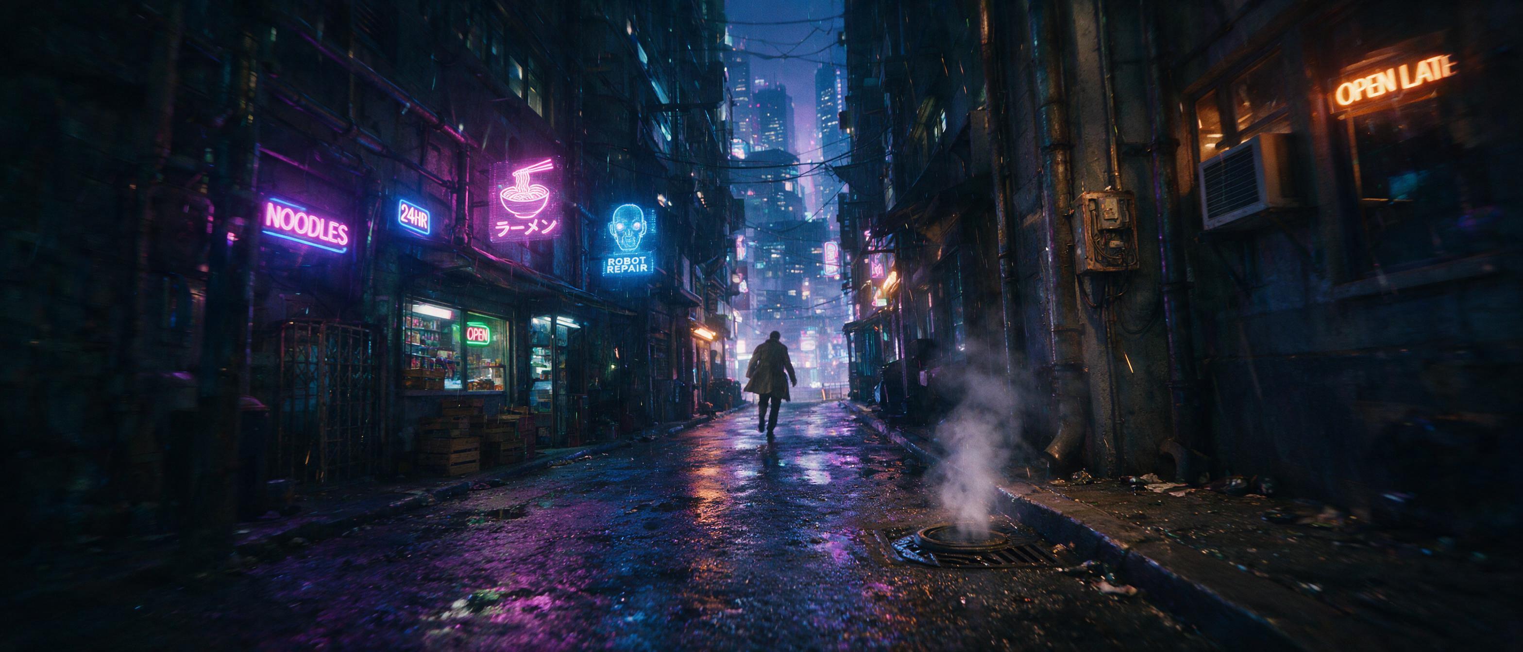 A neon-lit cyberpunk city alley at midnight, rain-soaked asphalt reflecting purple and blue holographic signs, a lone figure in a trench coat walks away, steam rising from a vent, slight camera motion blur, cinematic lighting with deep shadows.