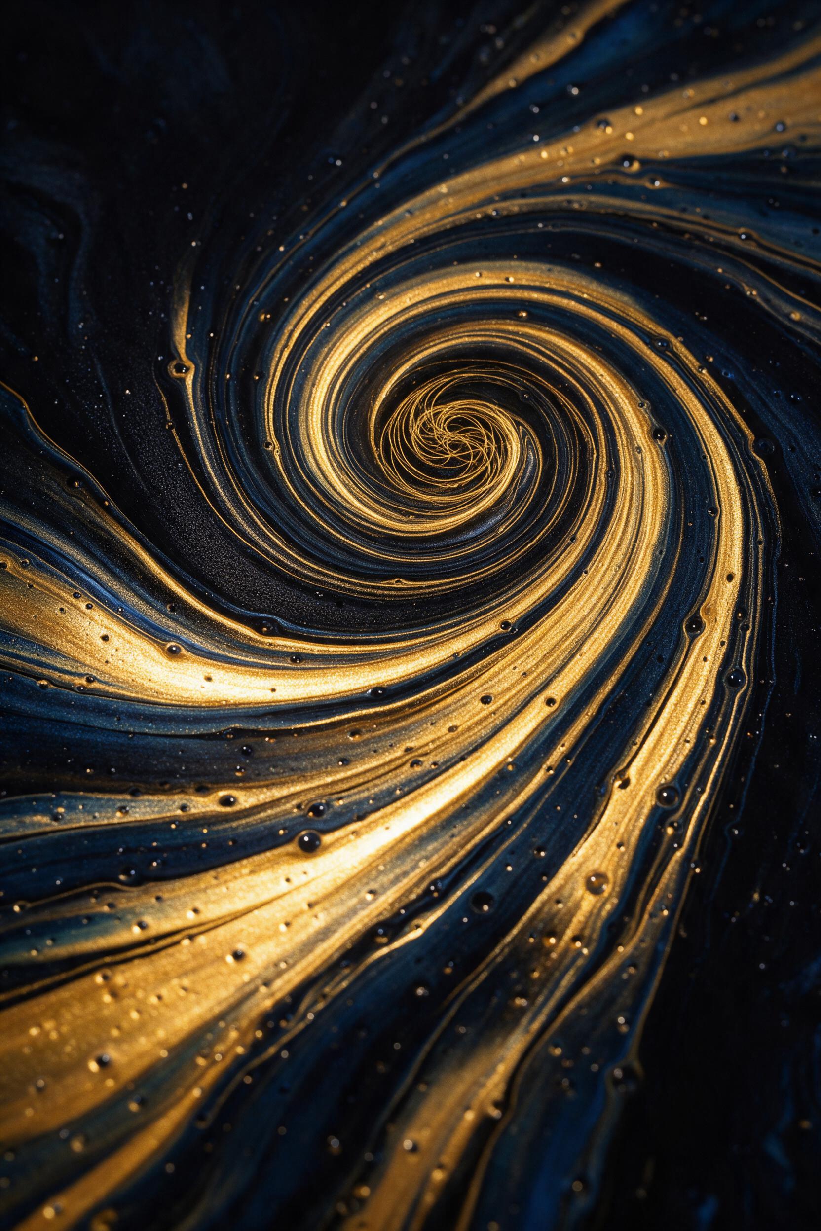 Fluid art of swirling metallic gold and midnight blue acrylics on black canvas, with fine bubbles and glossy texture caught in harsh directional light, shot from a slightly low angle to create depth, grain visible in shadow areas, minimalist composition centered on a luminous spiral, no clutter, no 