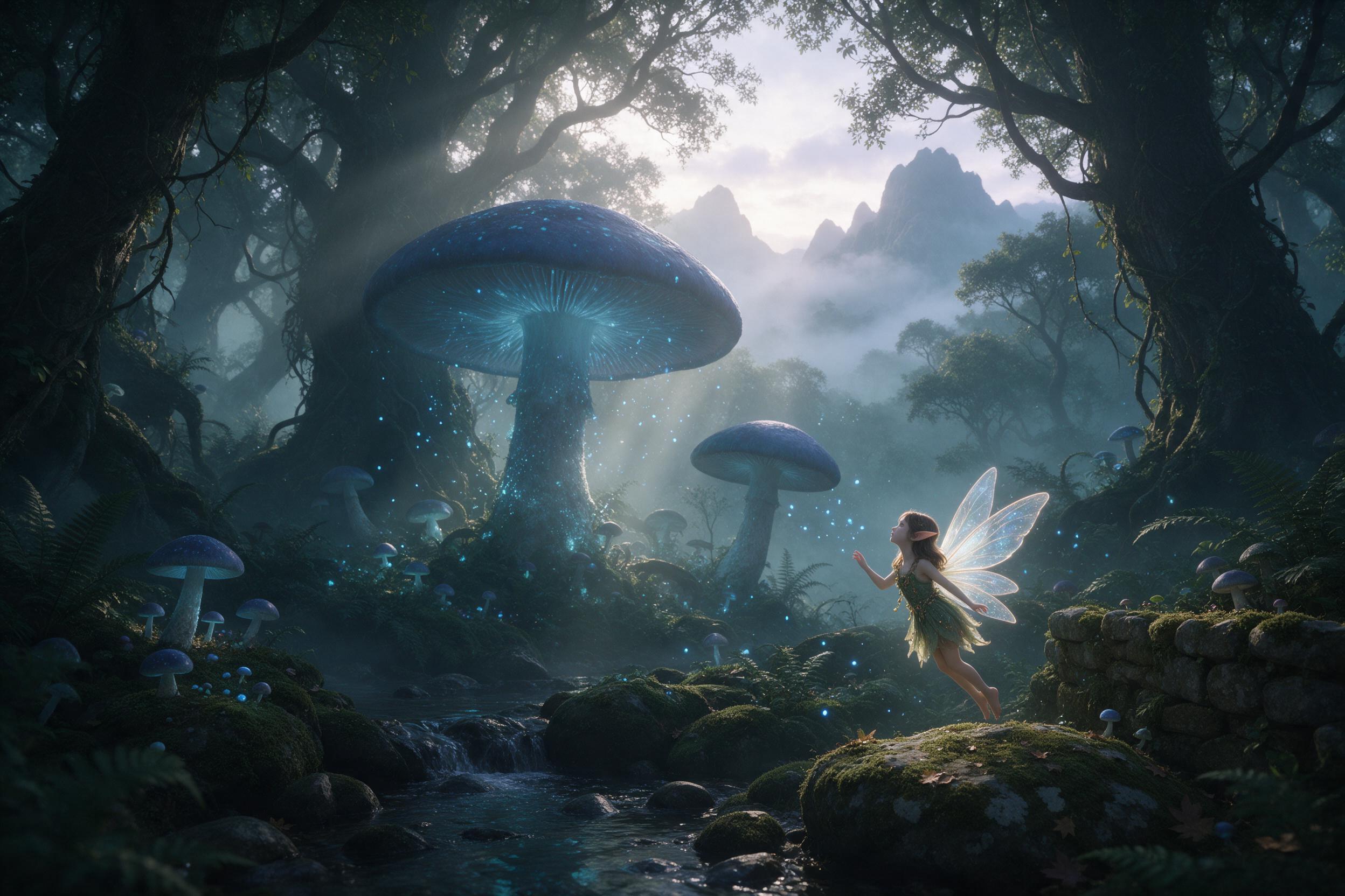 A misty ancient forest at dawn, colossal glowing mushrooms with bioluminescent blue spores, a small fairy with translucent wings hovering near a mossy stone, soft volumetric light rays piercing the canopy, gentle fog, muted green and cyan palette, slightly surreal, in the style of a detailed fantasy