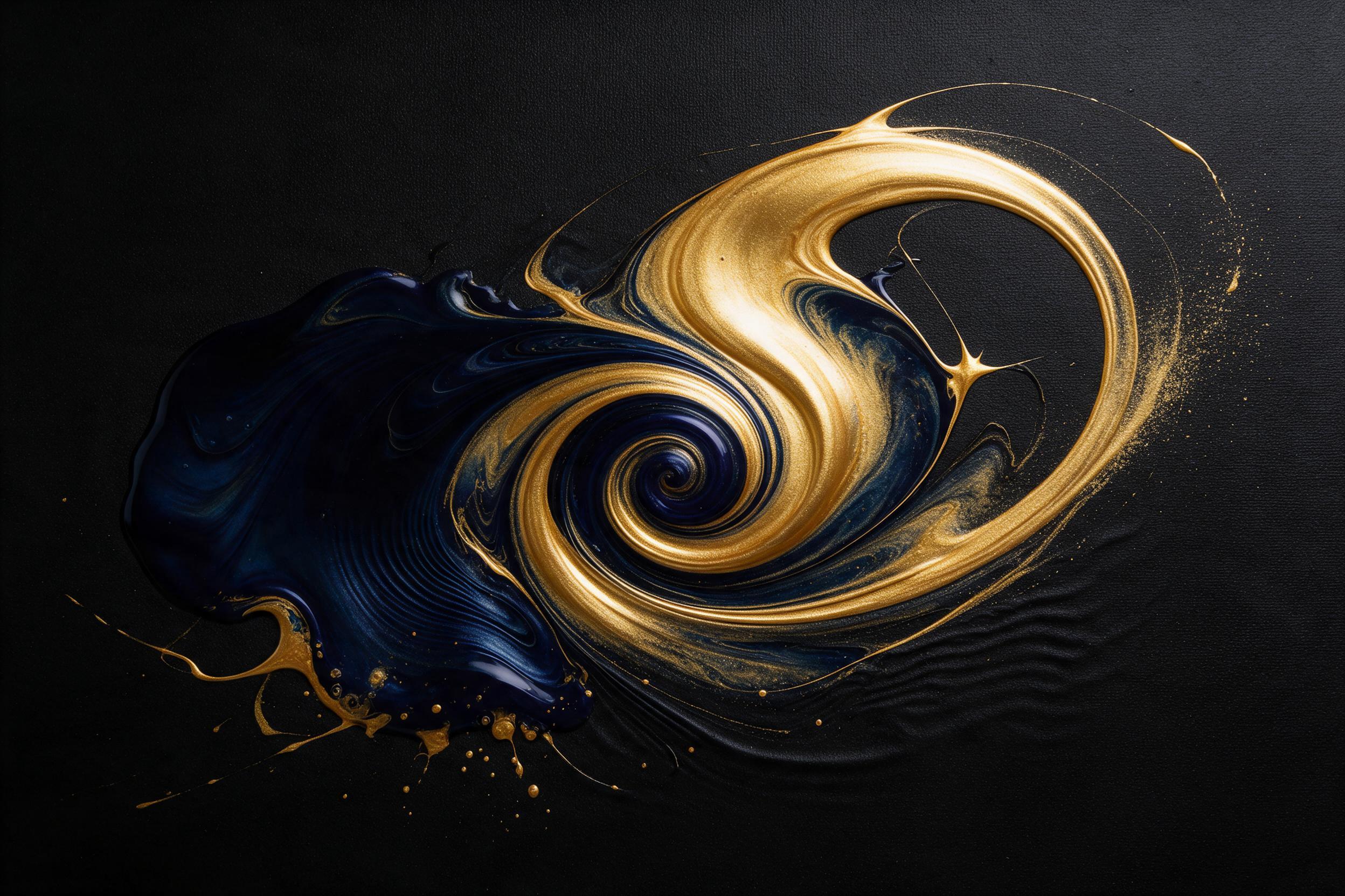 Liquid gold and deep indigo fluid art swirl on a black canvas, metallic reflections catching soft studio light, sharp edges contrasting with silky smooth curves, minimalist composition with negative space, subtle ripples suggesting motion, no text