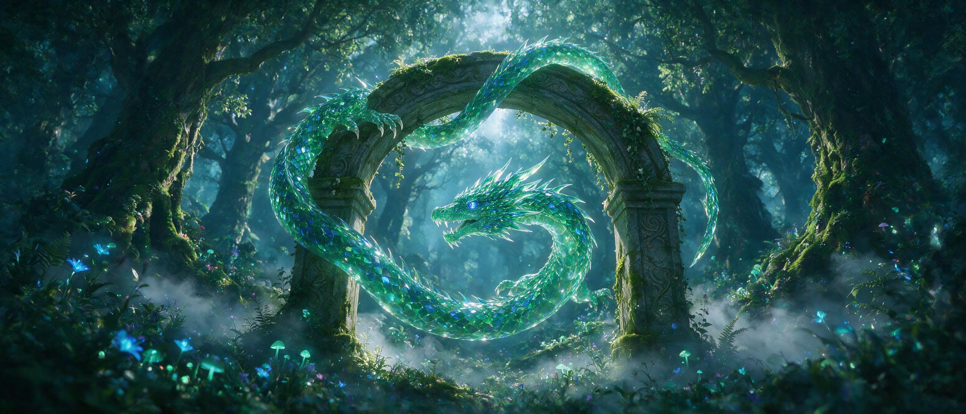 A glowing, translucent dragon made of shimmering emerald and sapphire scales curls around a floating moss-covered stone archway, soft mist swirling at its feet, bioluminescent flora lighting the scene, ethereal moonlight filtering through ancient canopy, cinematic composition with wide angle lens, g
