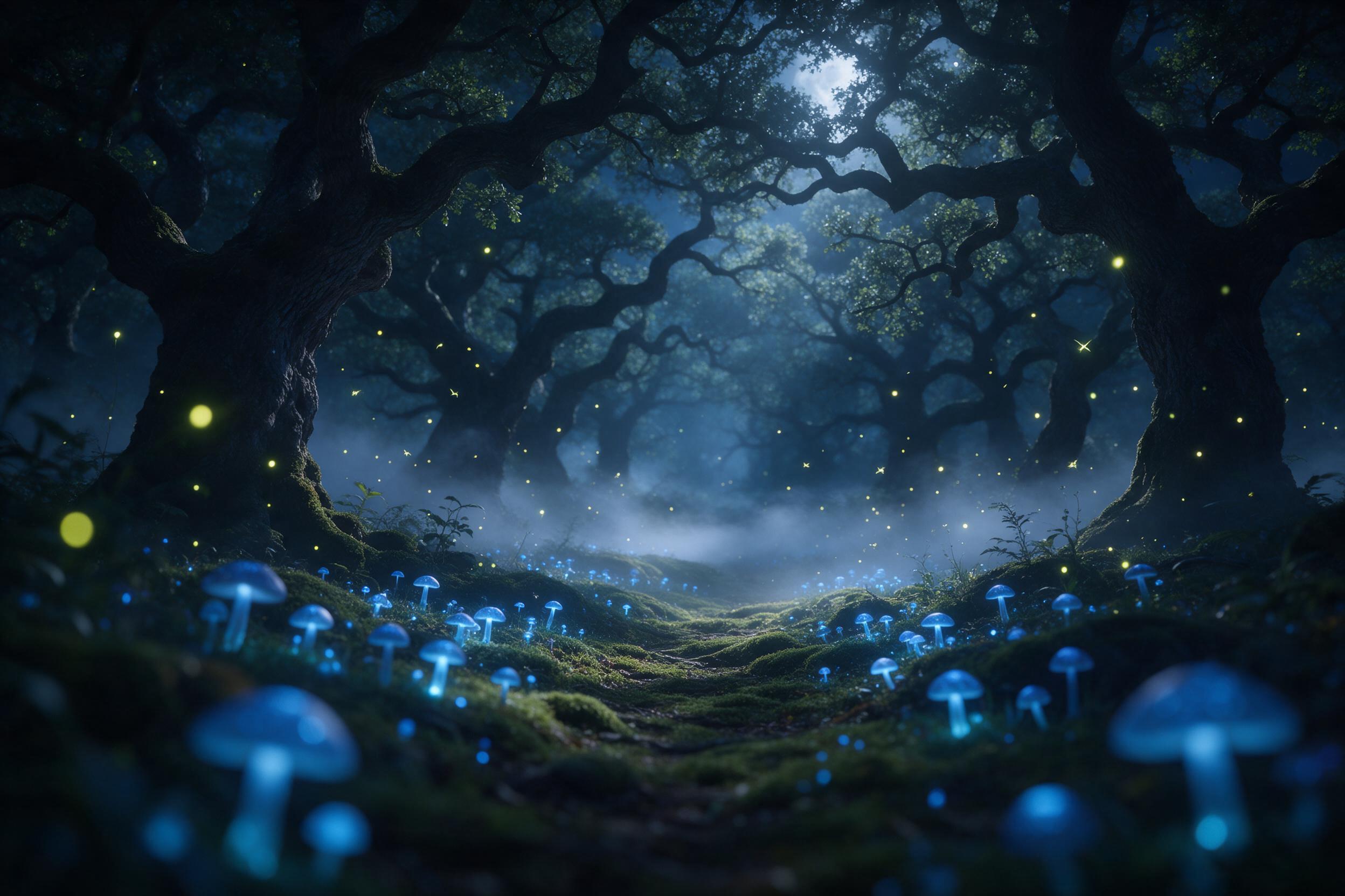 A moonlit forest clearing where glowing blue mushrooms line a mossy path, ethereal fireflies drift among ancient twisted oaks, a silver mist clings to the ground, soft volumetric light filters through the canopy, shallow depth of field with foreground bokeh