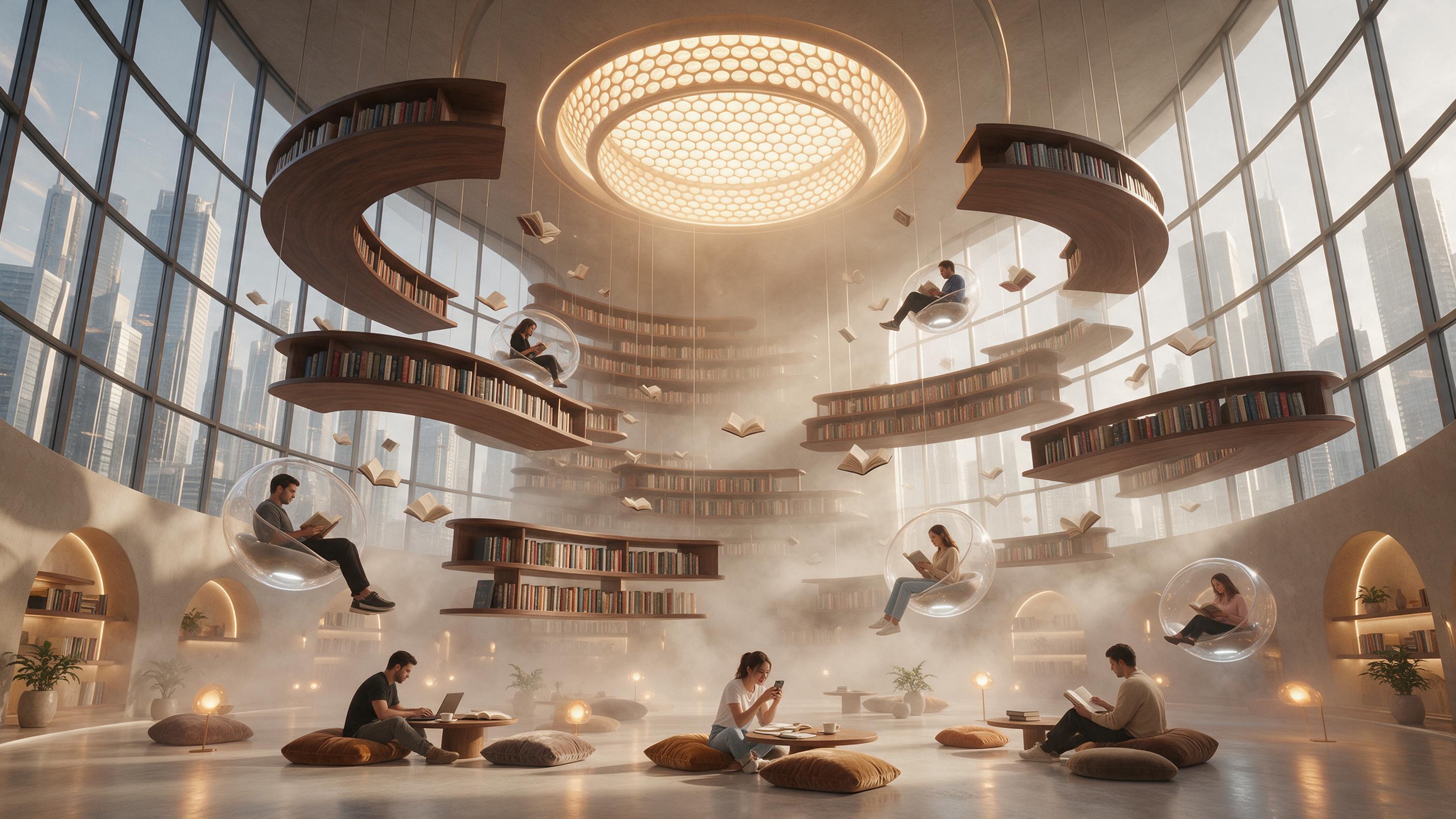 A futuristic library with curved glass walls, floating bookshelves, warm golden light, people reading on levitating chairs, soft fog, cinematic composition, low angle, subtle reflection on polished floor.