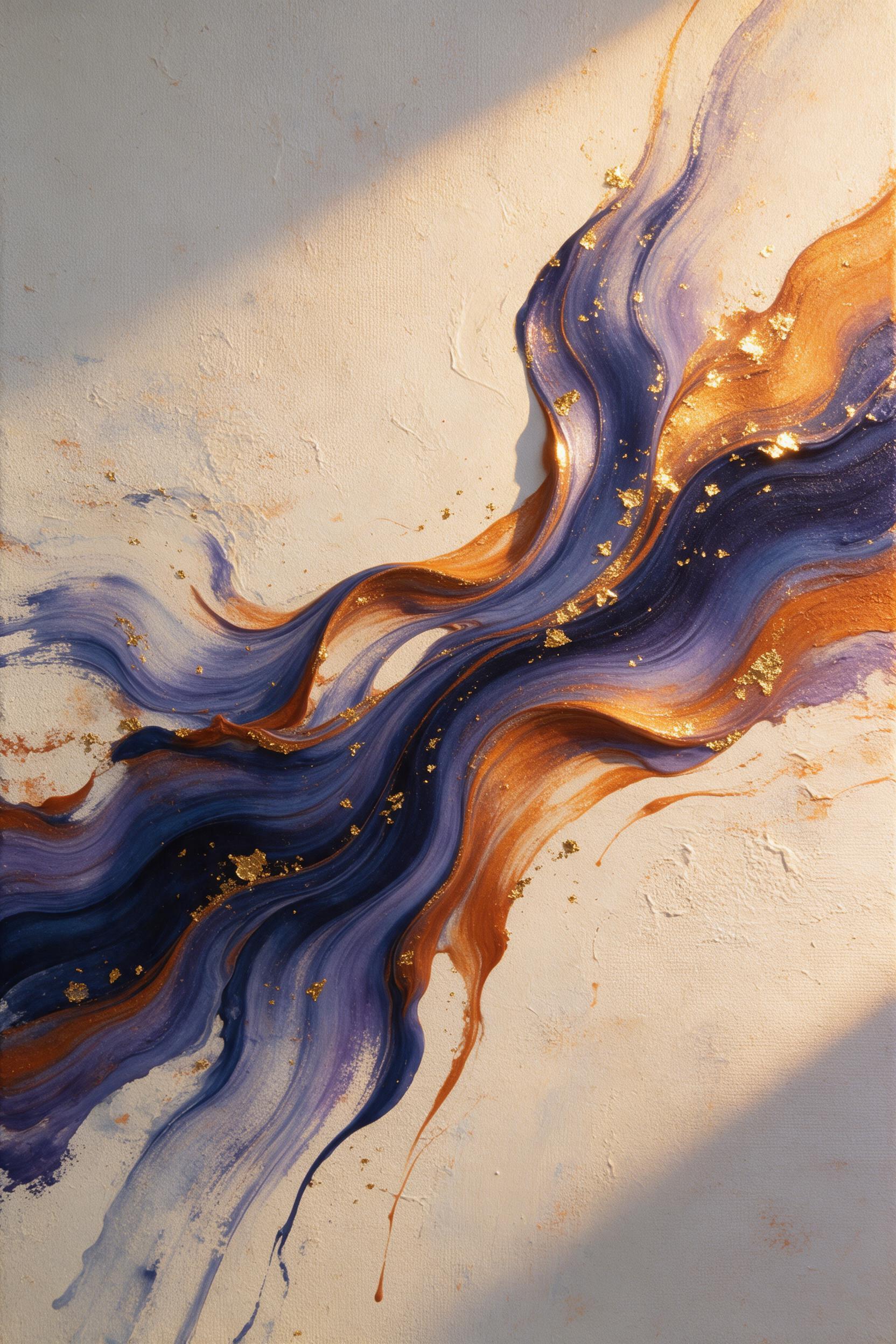 Fluid acrylic painting, swirling ribbons of deep indigo and burnt orange collide on a textured canvas, subtle gold leaf flakes catching angled afternoon light, soft shadows in the valleys, smooth and rough brushwork alternating, minimalist composition with heavy negative space, warm ambient glow fro