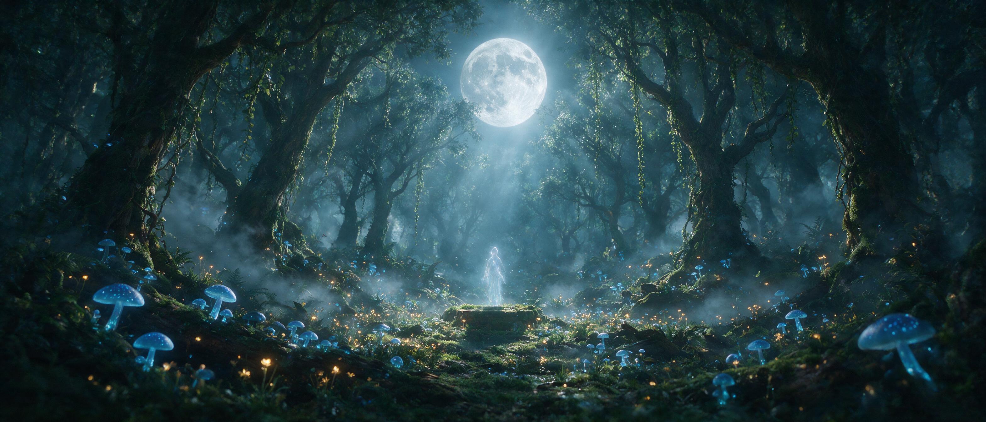 A luminous moonlit forest clearing with glowing blue mushrooms, silver mist weaving between ancient gnarled trees, a faint ethereal figure in translucent robes standing at the center, soft bioluminescent light casting long shadows, shallow depth of field, cinematic composition, warm amber tones blen