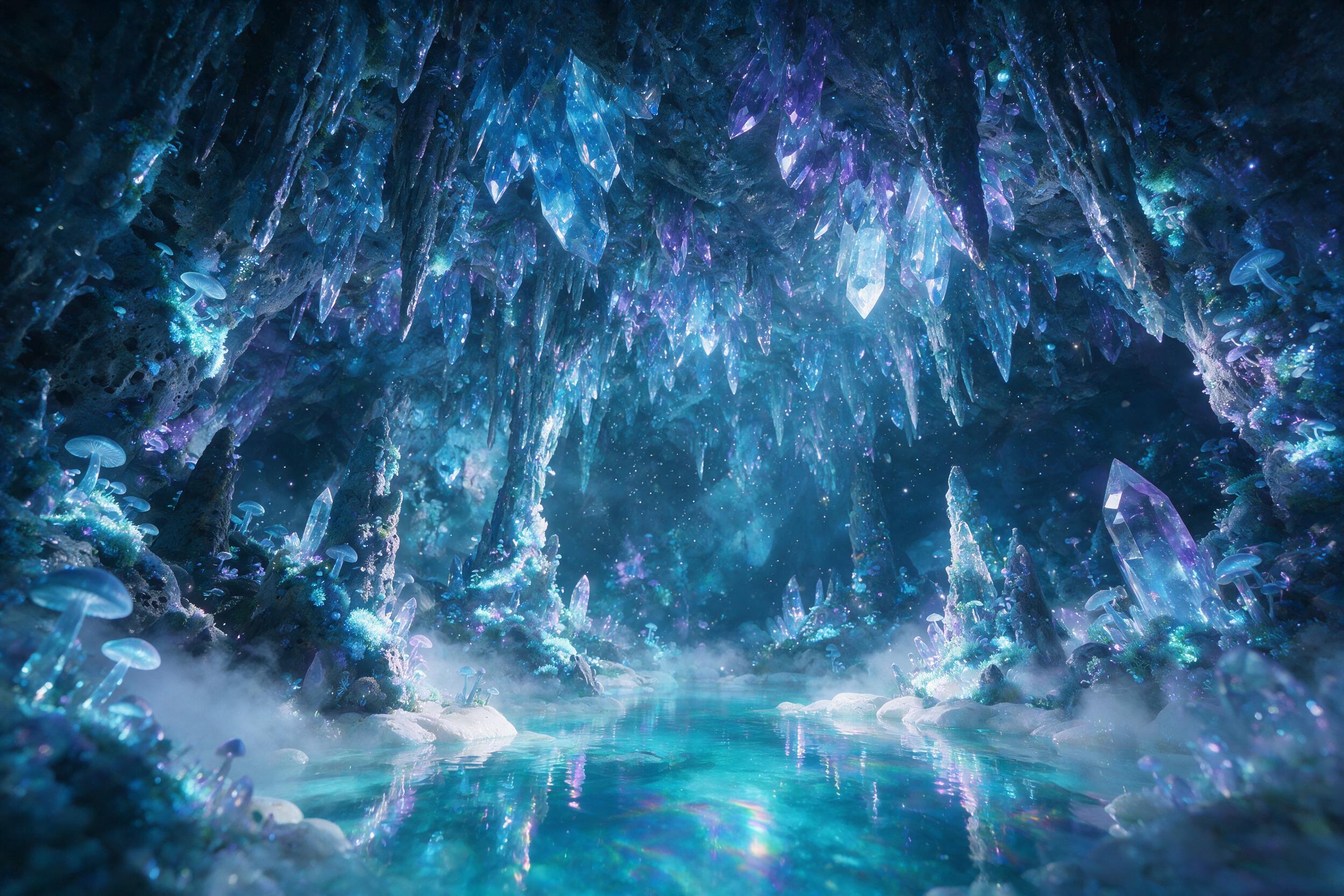 A glowing crystal cave deep underground, where bioluminescent fungi and moss cling to jagged stalactites, casting soft blue and purple light on a pool of still water. The air is hazy with magical dust. Wide-angle shot, low angle looking up towards the cave ceiling, with a faint mist hugging the grou