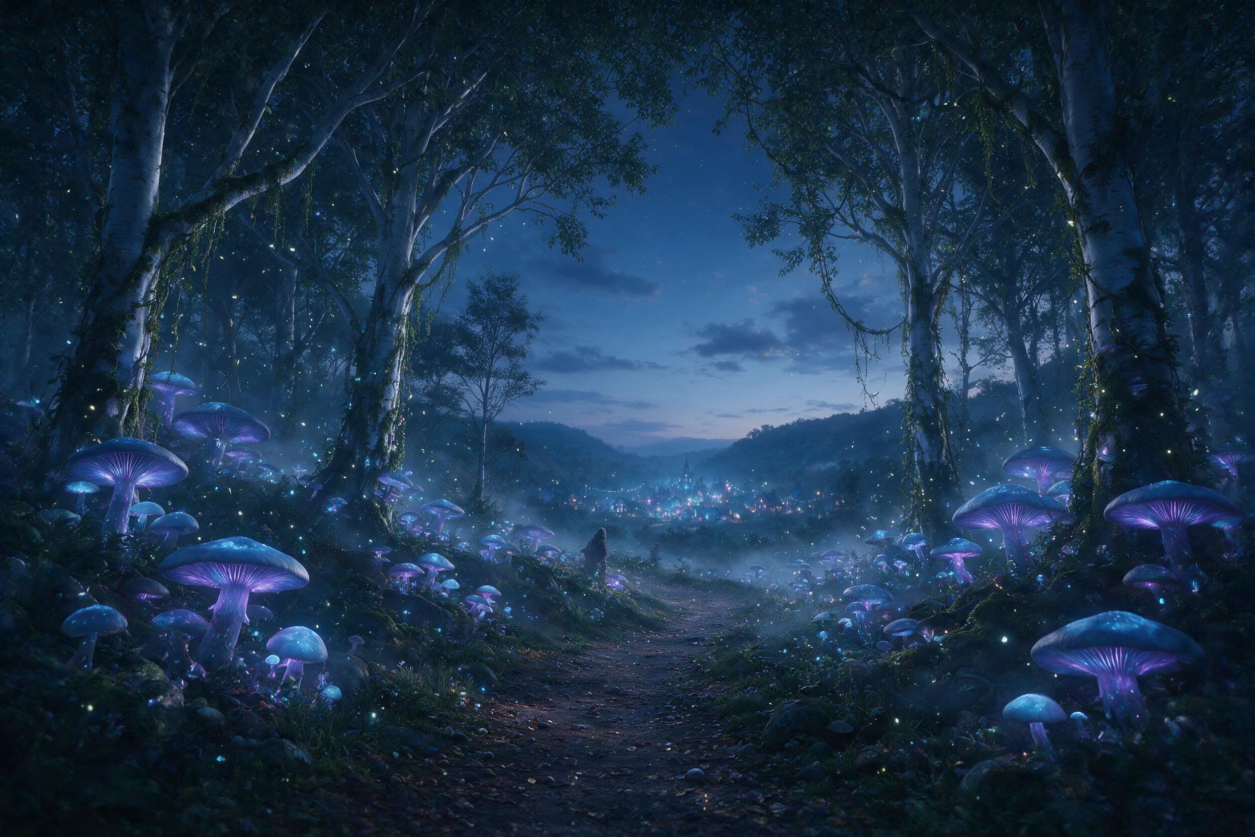 A bioluminescent forest at twilight, where massive glowing mushrooms cast soft blue and violet light on a winding path. Fireflies drift like living constellations. Mist swirls between ancient trees with silver bark. A lone figure in a hooded cloak stands on the path, looking toward a distant, lumino