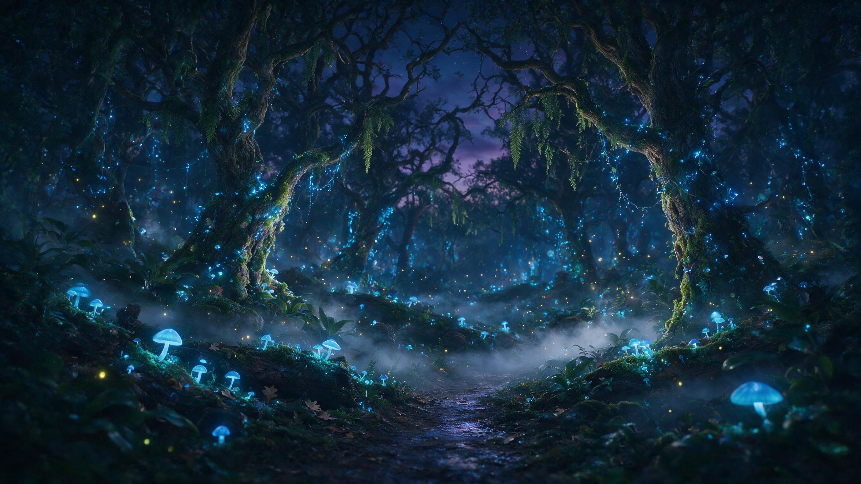 An ethereal forest at twilight, glowing bioluminescent mushrooms and vines casting soft blue light, a gentle mist weaving through ancient twisted trees, fireflies floating like tiny stars, dreamy atmosphere with soft focus and natural light, cinematic composition
