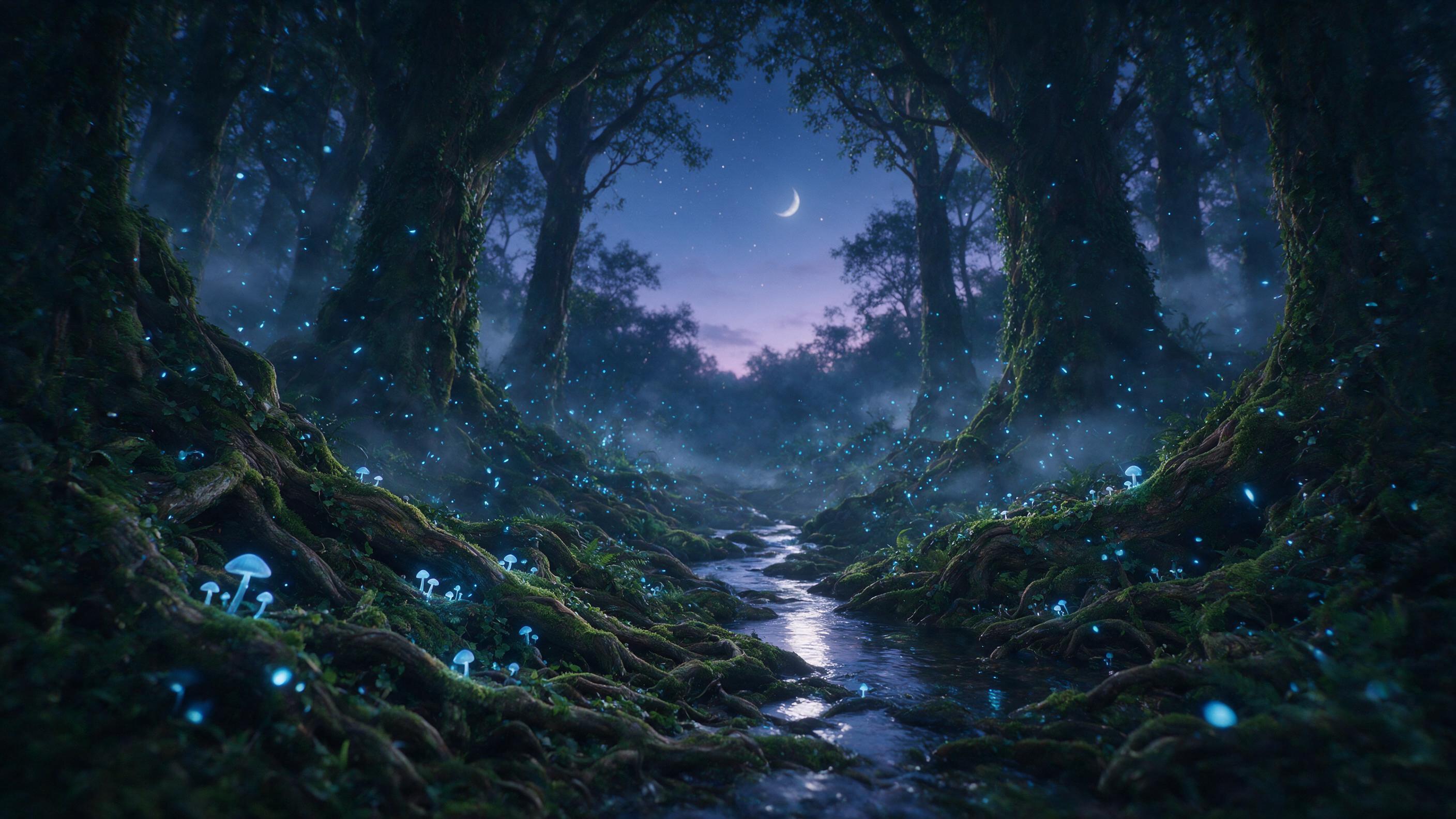 A mystical forest at twilight, glowing mushrooms and fireflies casting soft blue light, ancient tree roots intertwined with moss, a gentle stream reflecting the moonlight, mist floating between trunks, slight camera shake, natural lighting