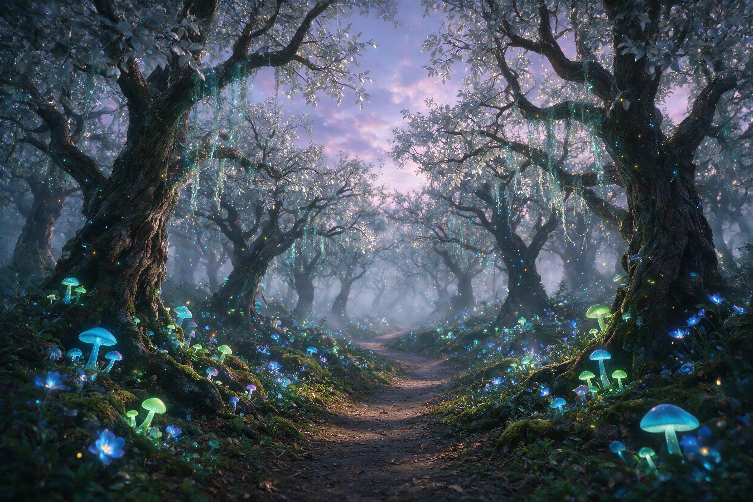 A misty, enchanted forest at twilight, with bioluminescent mushrooms and glowing blue flowers scattered along a winding path. Ancient, gnarled trees with silver leaves arch overhead, their branches draped in luminescent moss. Soft, ethereal light filters through the canopy, casting dappled shadows o