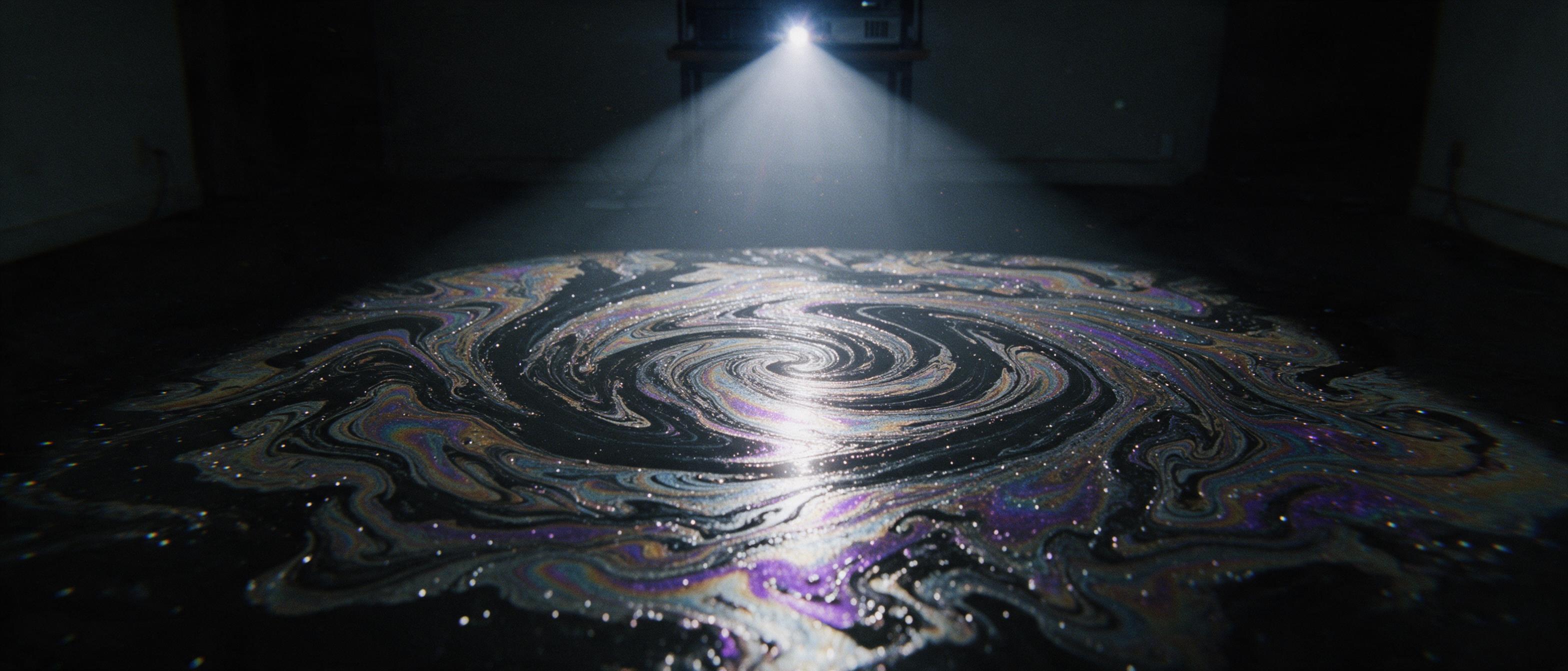 Dark room illuminated by a single overhead projector beam, revealing a swirling vortex of iridescent oil slick patterns on a black floor. The light catches metallic silver and deep purple highlights. Slight camera shake, grainy, cinematic composition.