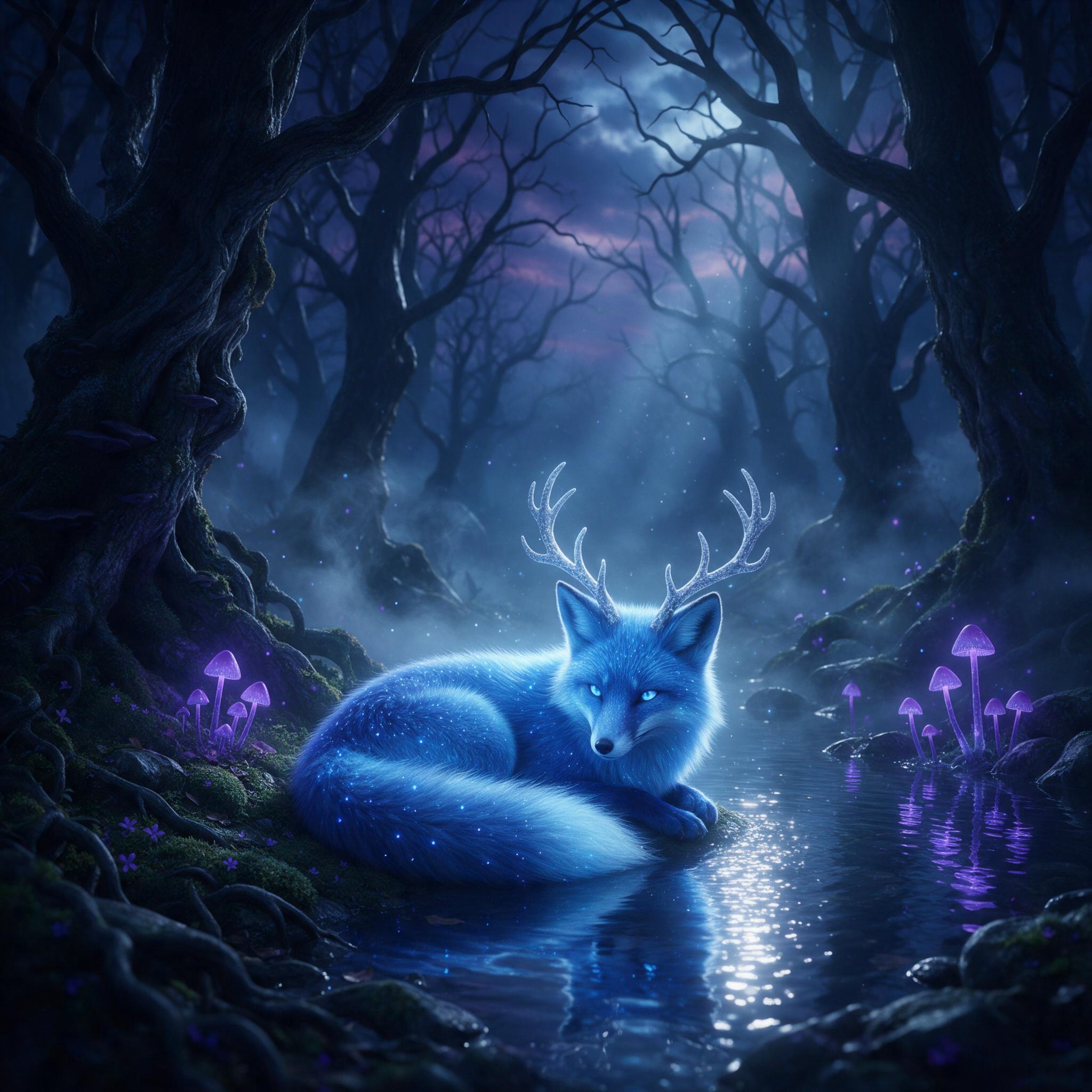 In a misty twilight forest, a glowing blue fox with silver antlers curls beside a crystal-clear pond, where bioluminescent mushrooms bloom in violet. Soft fog wraps ancient gnarled trees, while a faint moonbeam pierces the canopy, casting shimmering reflections. Composition centered on the creature,