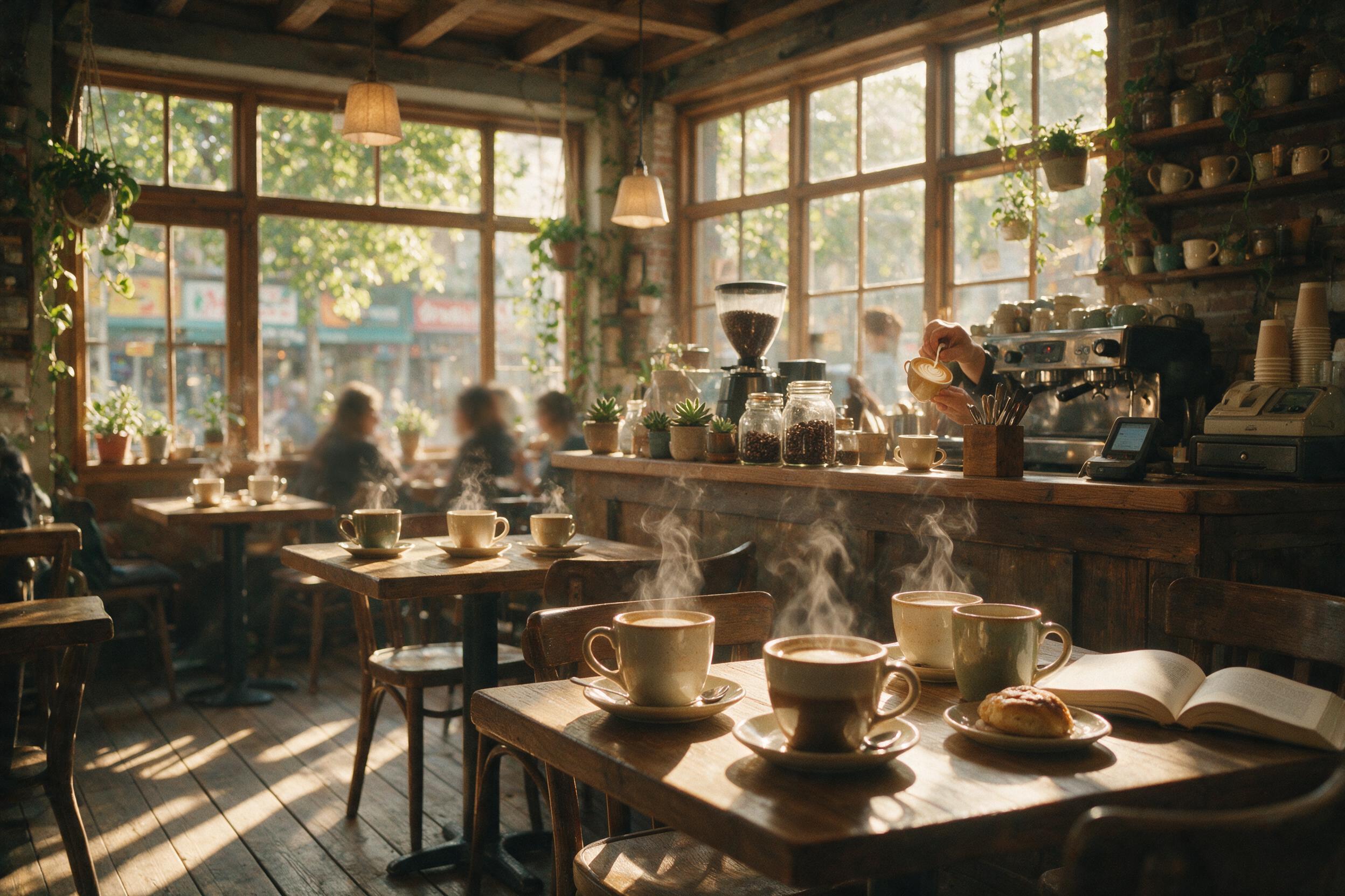 Sunlit neighborhood cafe interior, wooden tables with ceramic cups, steam rising, morning light through large windows casting long shadows, a barista pouring latte art, cozy atmosphere, shallow depth of field, natural tones, slight film grain
