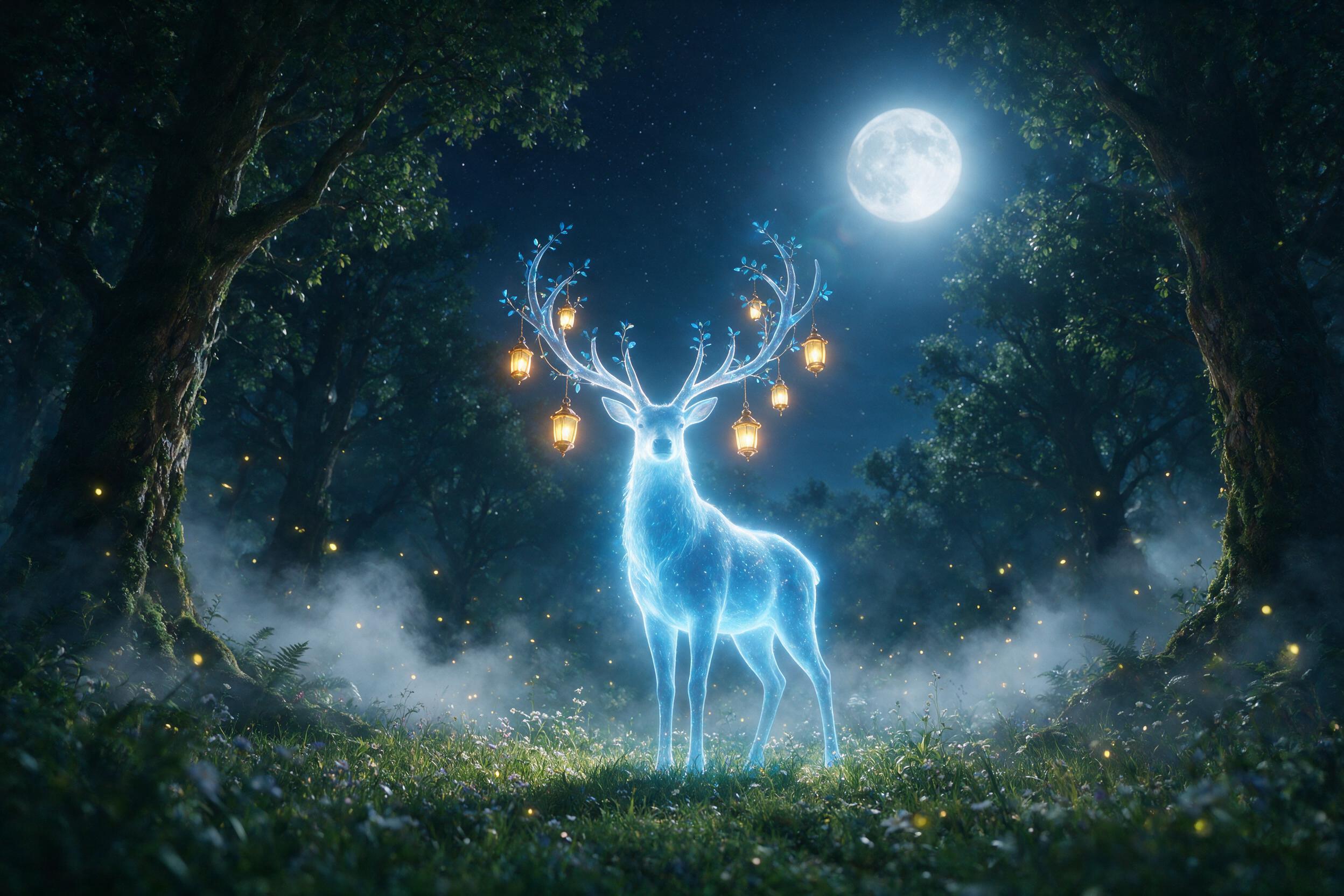 A misty, moonlit forest clearing with a glowing, translucent blue deer, its antlers adorned with tiny lanterns. Soft fog curls around ancient mossy trees, and fireflies drift in the air. Low-angle shot, cinematic lighting, ethereal atmosphere, subtle lens flare.