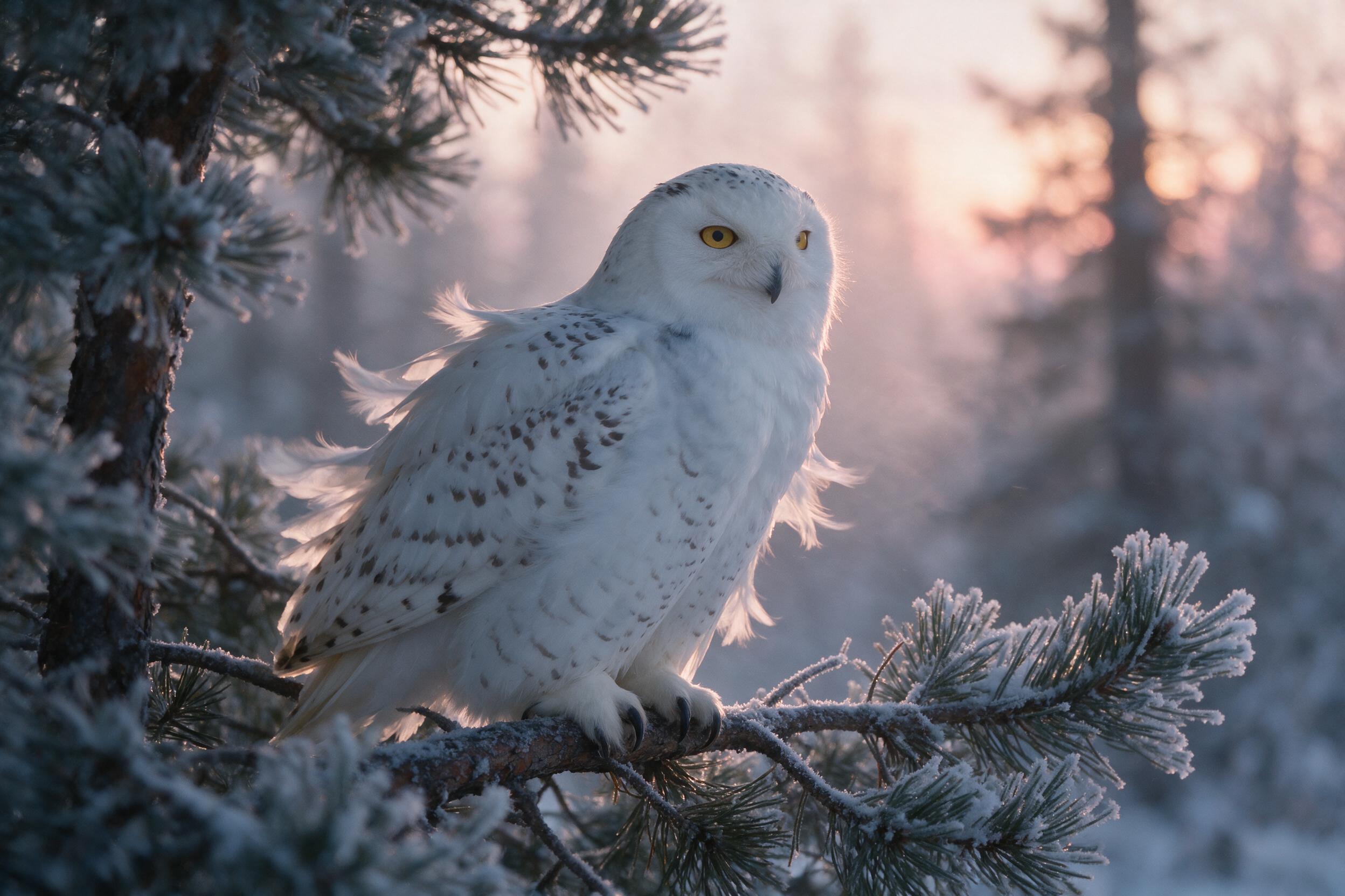 A snowy owl perched on a frost-covered pine branch at dawn, soft pink and gold light filtering through mist, feathers slightly ruffled by a gentle breeze, natural grain, shallow depth of field, clean composition without text or watermark