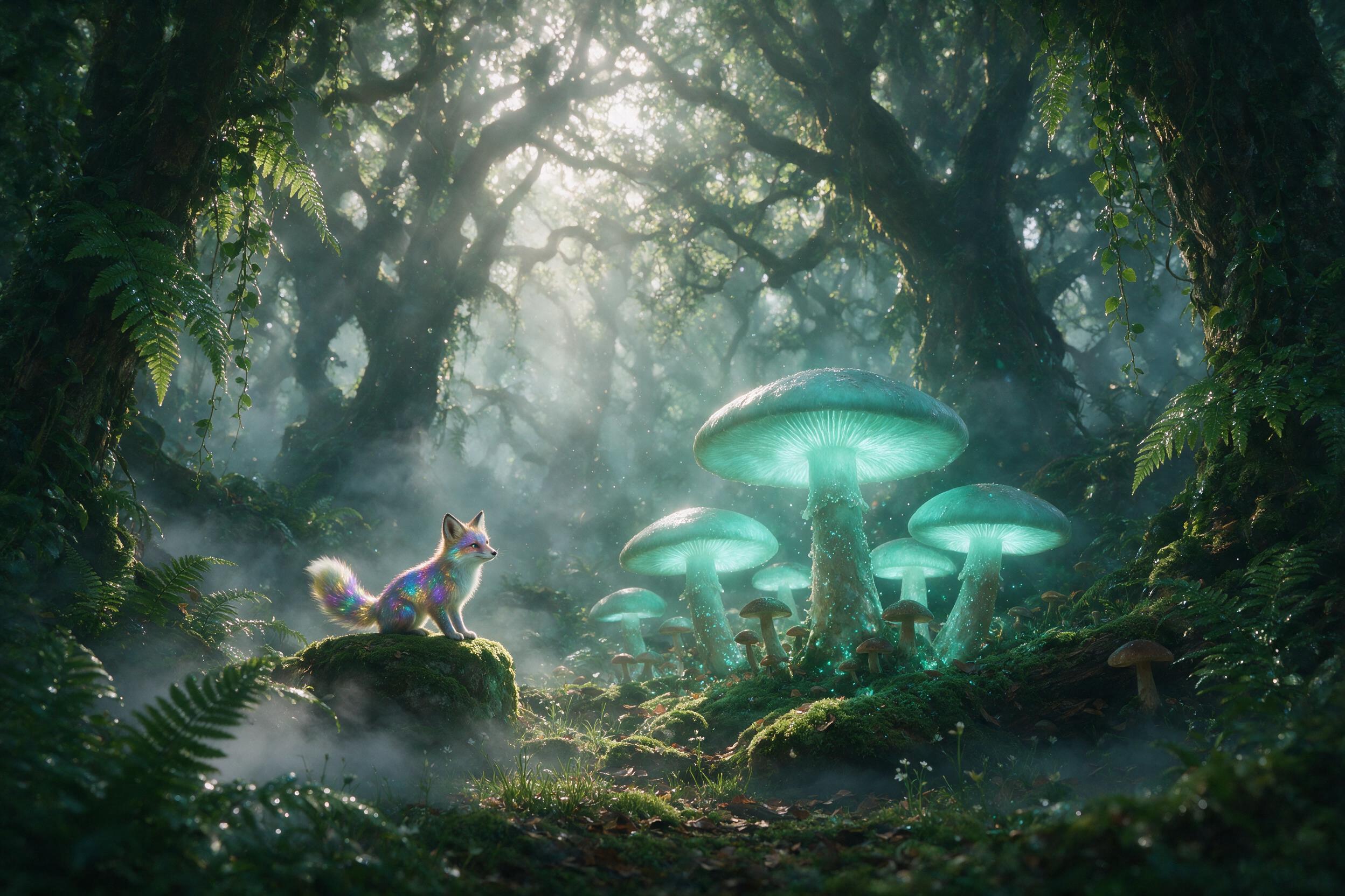 A misty ancient forest at dawn, where colossal glowing mushrooms emit soft teal light, and a tiny fox with iridescent fur sits on a mossy stone. Pale sunbeams pierce the canopy, creating volumetric god rays. Lush ferns and hanging vines frame the scene, with gentle fog rolling along the ground. Comp
