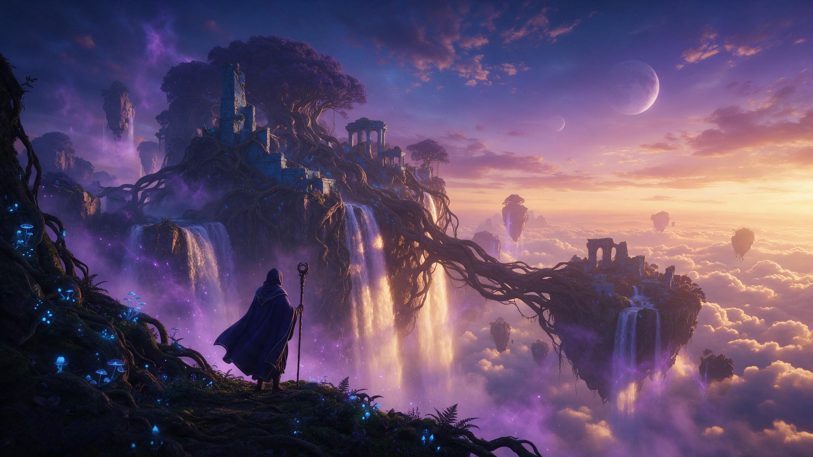 Ancient floating islands wrapped in glowing purple mist, waterfalls cascading into clouds below, colossal roots forming bridges between landmasses, bioluminescent flora pulsing with soft blue light, a lone hooded figure with a staff gazing over the abyss, twilight sky with twin moons, dramatic backl