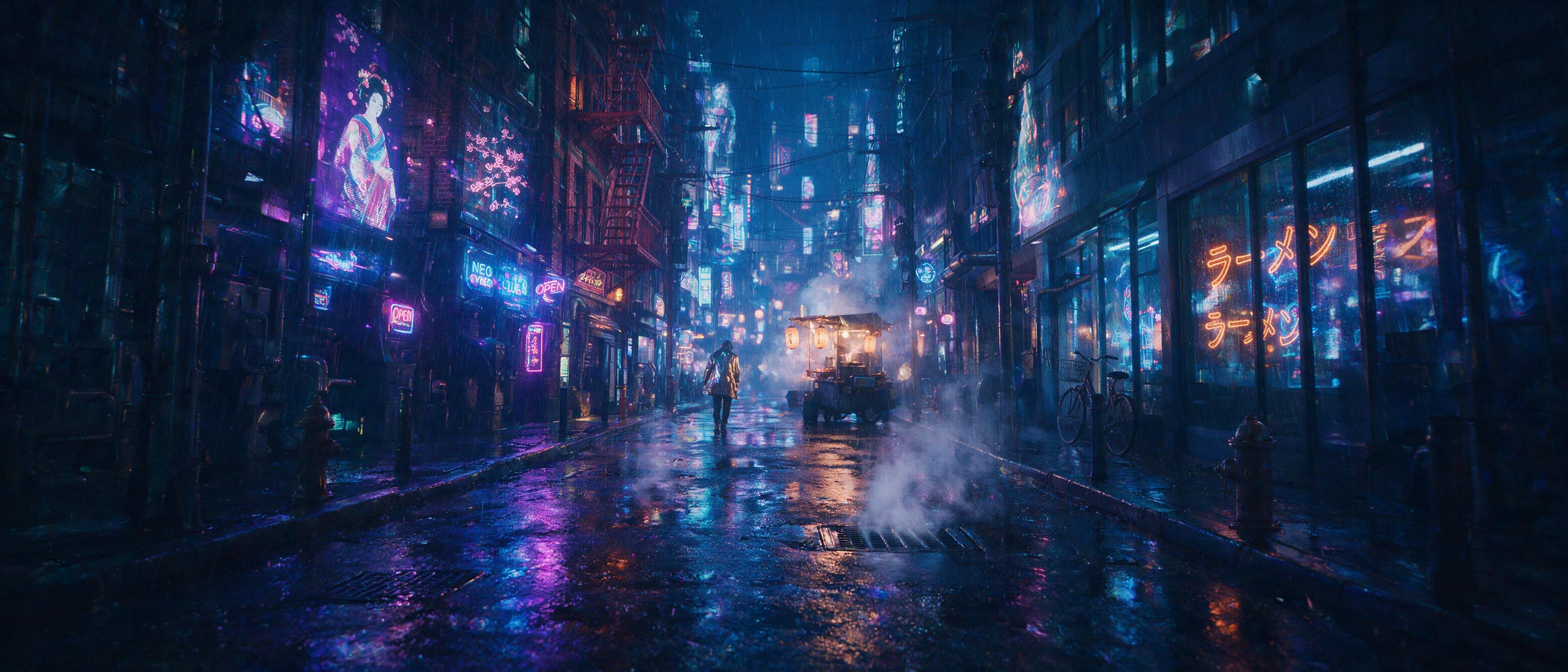 A neon-lit cyberpunk alley in a rain-soaked city, holographic advertisements flickering on wet glass, a lone figure in a reflective trench coat walking away, steam rising from vents, cinematic composition with deep blues and purples, soft glow from a distant street vendor.