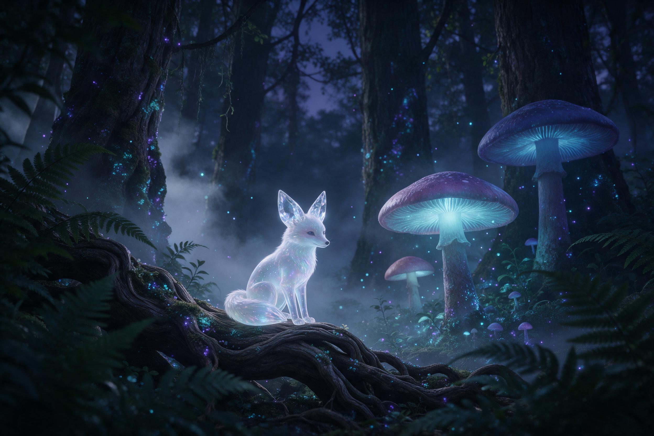 An ancient, bioluminescent forest at twilight, where giant mushrooms emit soft cyan and violet glows, and a silver mist weaves between moss-covered trunks. A small, translucent fox with crystalline ears sits on a gnarled root, its fur reflecting the ambient light. Foreground ferns frame the scene, w