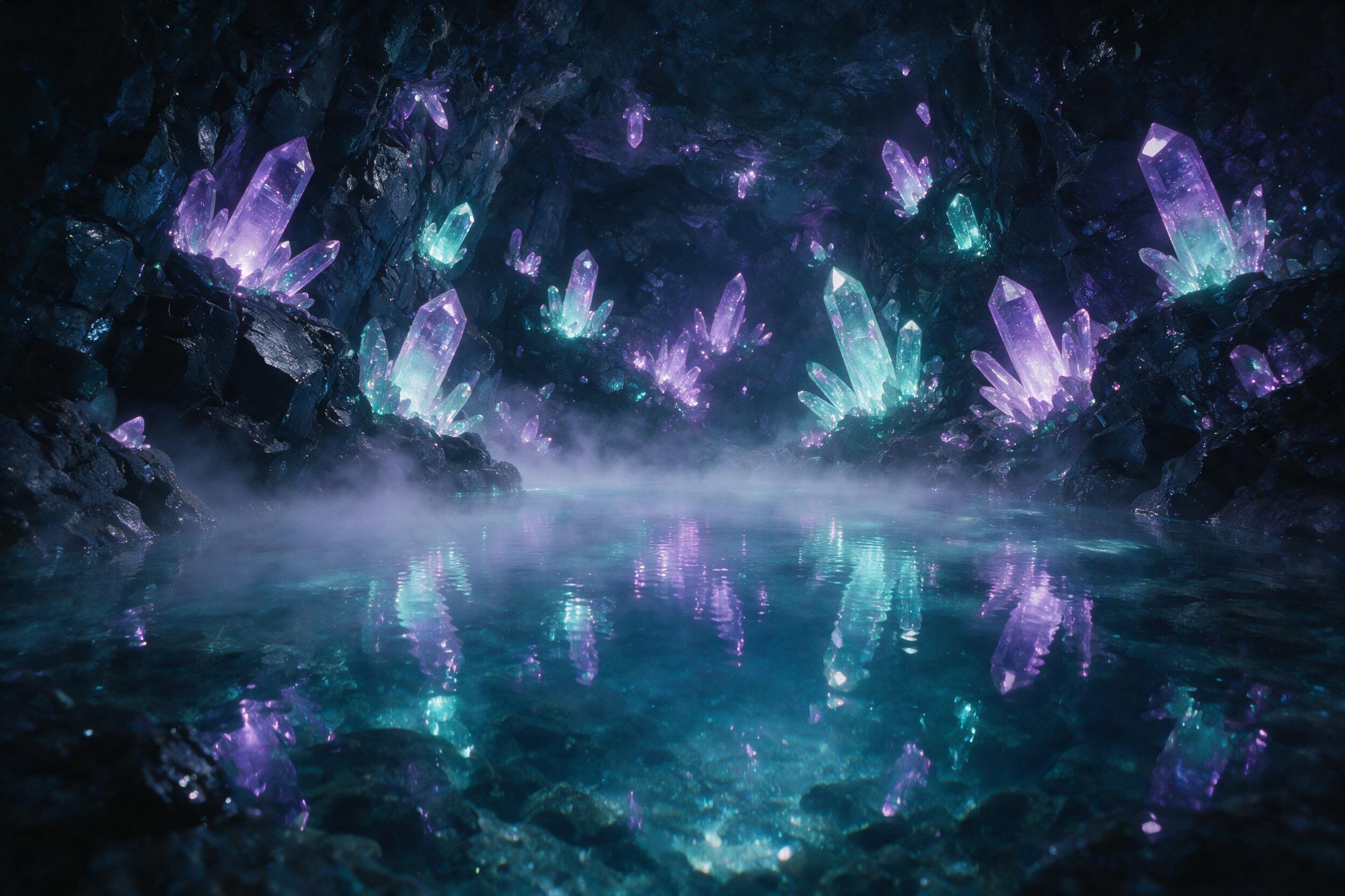 A luminous crystal cave deep underground, glowing violet and cyan crystals sprouting from obsidian walls, a clear pool reflecting the bioluminescent light, mist swirling low, soft ethereal glow, shot on medium format film with natural light diffusion.