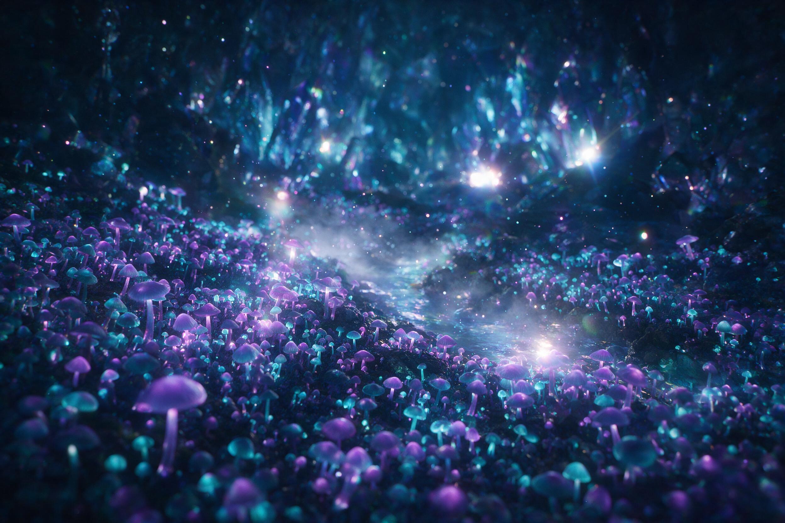 A luminous crystal cave deep underground, glowing violet and cyan mushrooms carpet the floor, a small glowing stream winds through the cavern, soft mist rises from the water, magical floating particles in the air, dim ambient light from the crystals, slight lens flare, shallow depth of field focusin