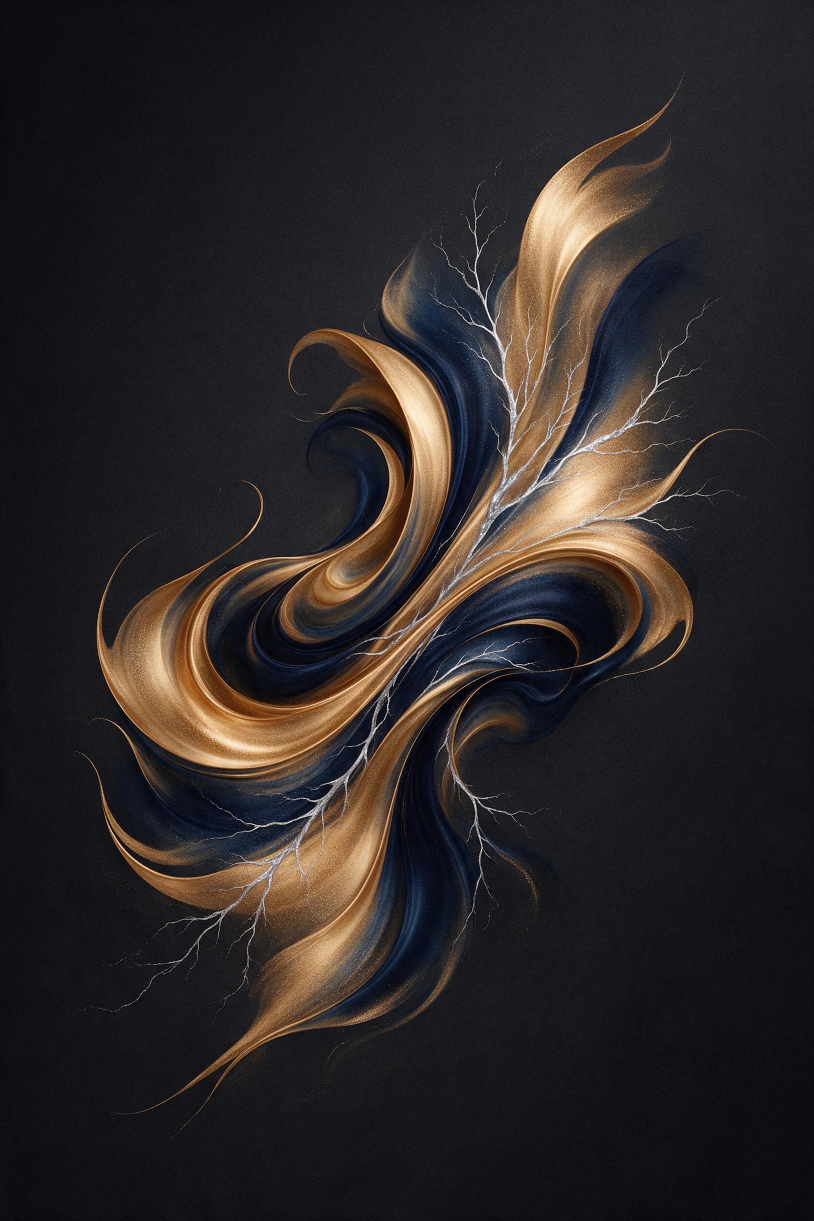 A fluid art piece with swirling molten gold and deep indigo ribbons, frozen mid-motion, delicate silver veins branching outward, soft studio lighting with gentle reflections, minimalist composition on a dark matte background, subtle grain for texture