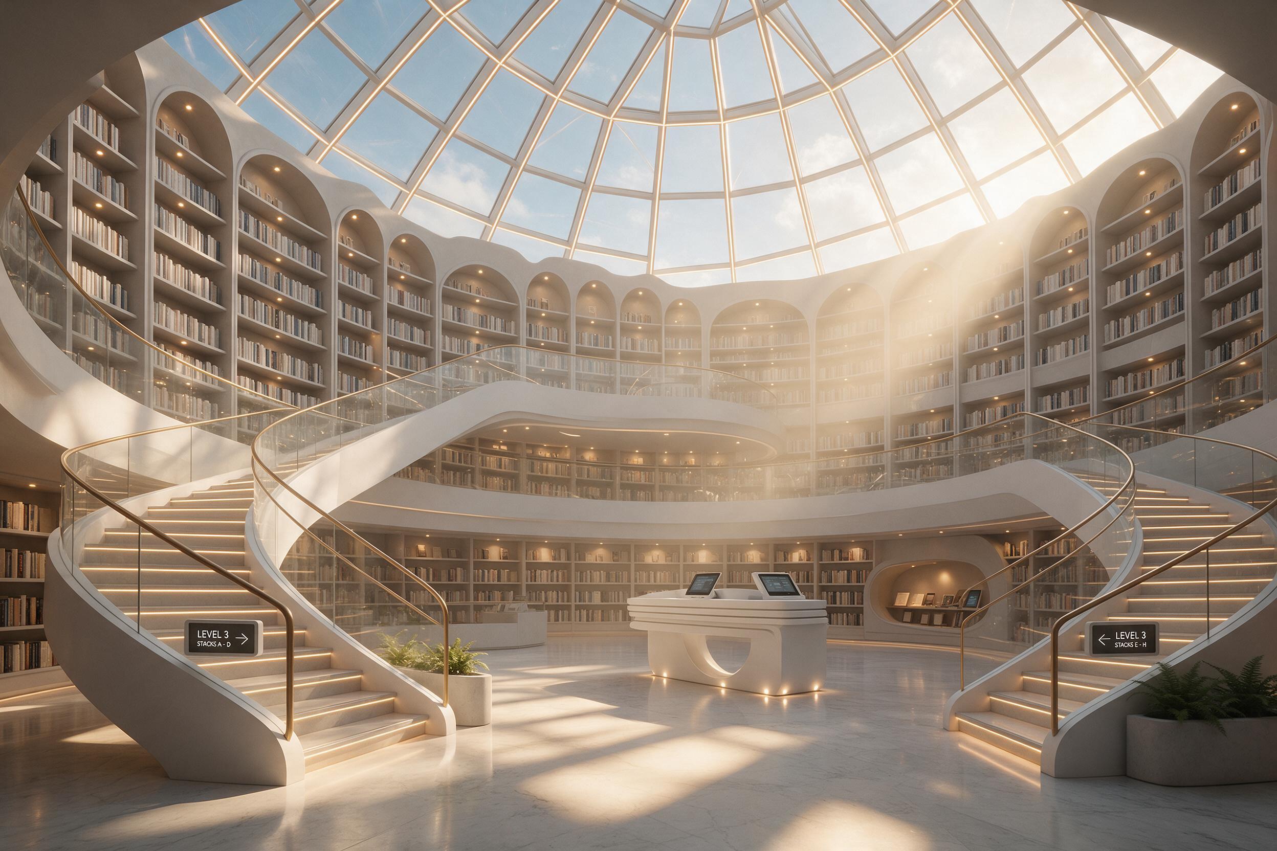 Futuristic library interior with sweeping white spiral staircases, towering curved bookshelves under a vast glass dome, warm golden afternoon light rays casting long shadows, minimalist design, soft haze in the air, wide-angle composition, no people, quiet atmosphere.