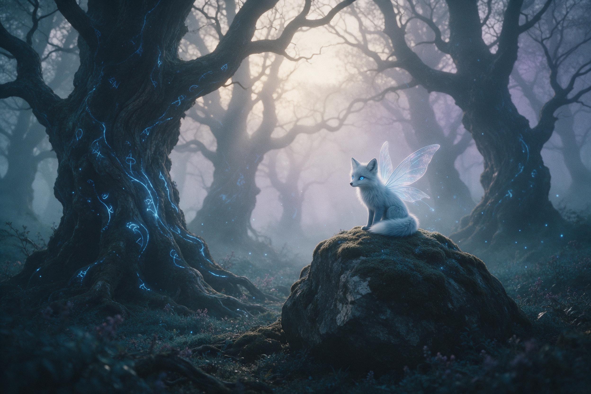 A misty forest at dawn, ancient gnarled trees with glowing blue runes, a small ethereal fox with translucent wings perched on mossy stone, soft volumetric light rays, muted teal and purple palette, subtle film grain