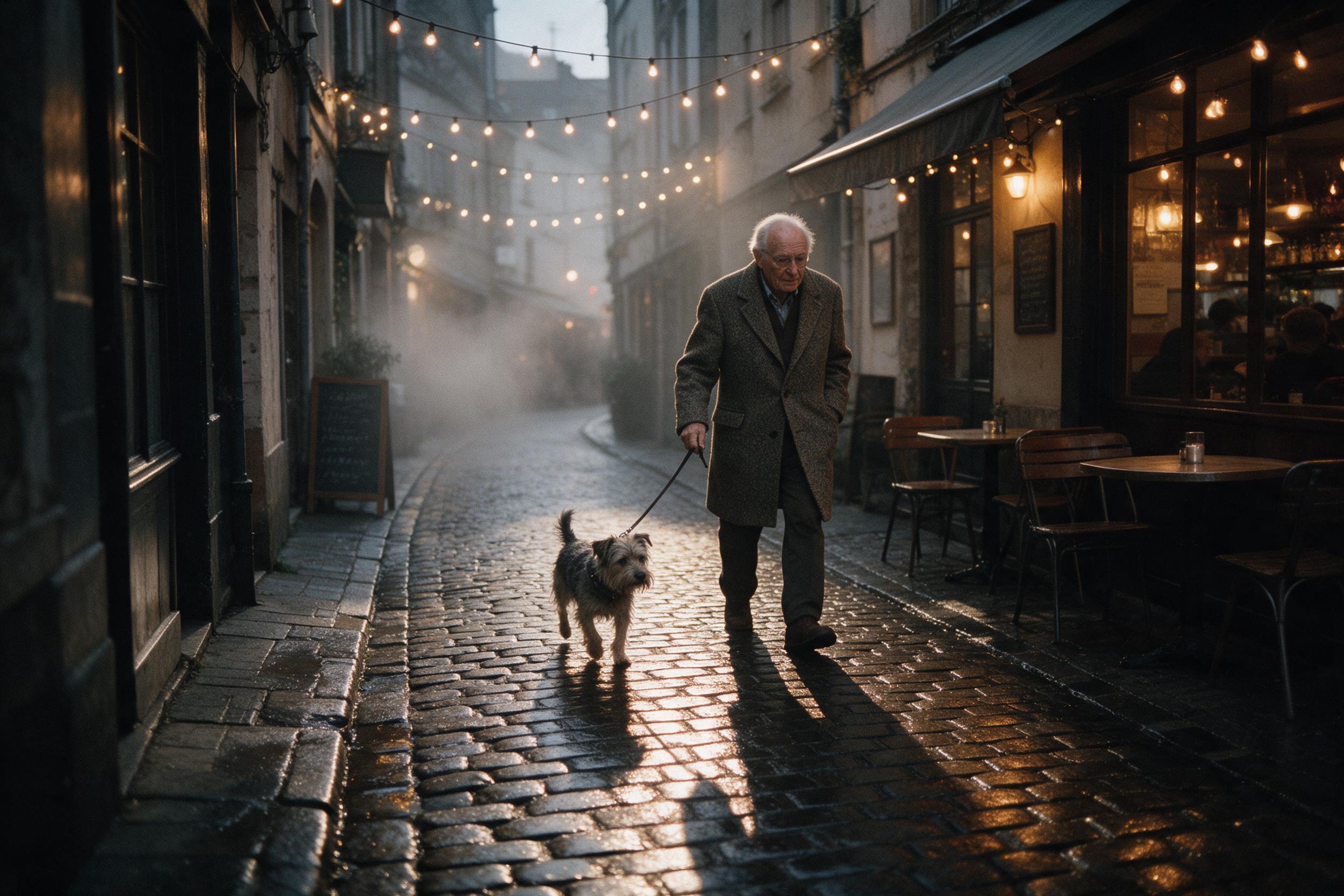 A narrow European alley at dusk, wet cobblestones reflecting warm café light, an elderly man in a tweed coat walking a scruffy terrier, string lights overhead, subtle fog, long shadows, film grain, candid street photography composition
