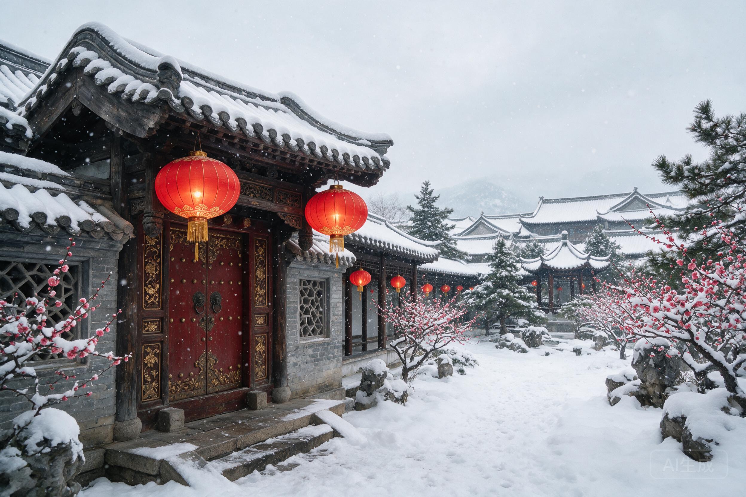 Traditional Chinese architecture in a snowy landscape, red lanterns hanging, roof edges covered in snow, peaceful winter scene