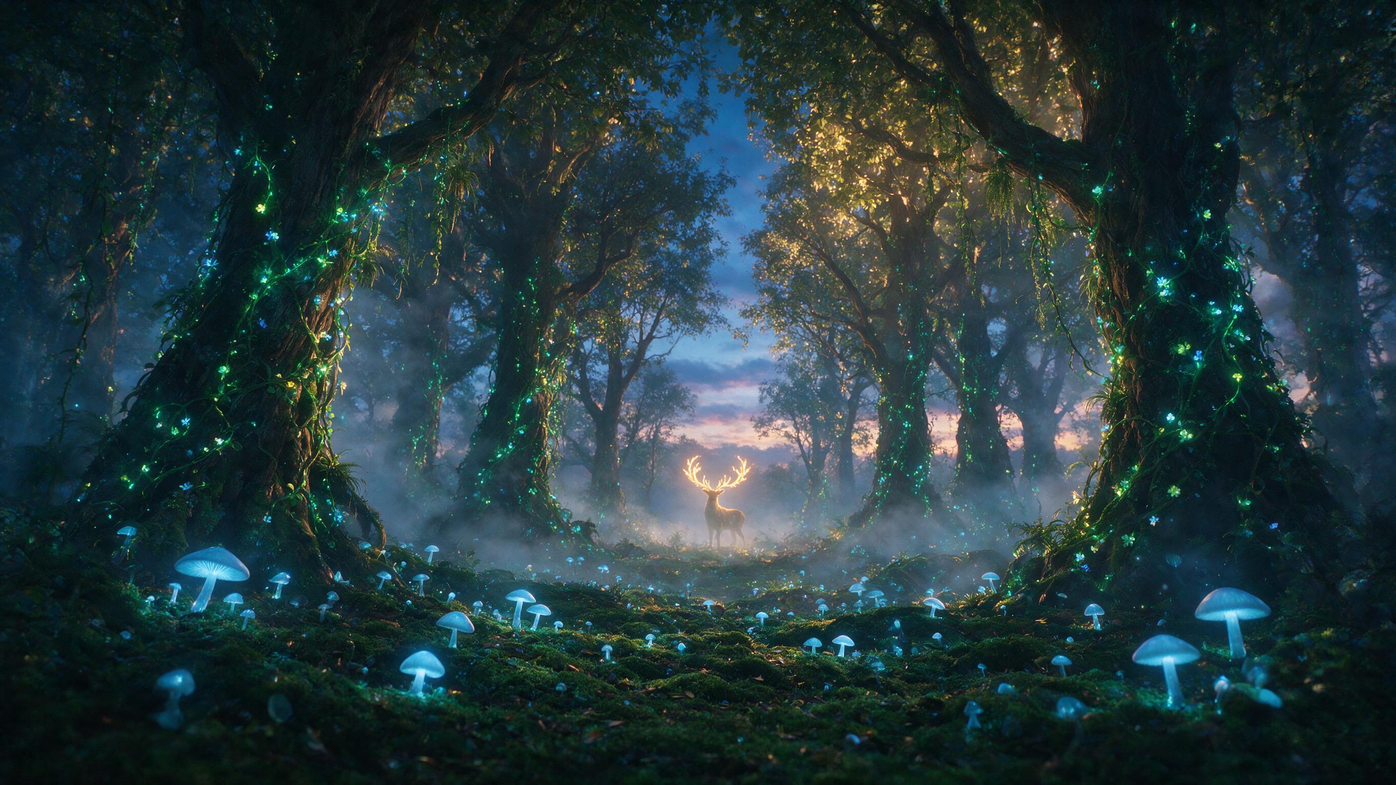 An ethereal forest at twilight, bioluminescent mushrooms casting a soft blue glow on mossy ground, ancient gnarled trees wrapped in glowing vines, a silver mist swirls between trunks, distant silhouette of a deer with antlers aglow, warm amber light filtering through canopy, mystical atmosphere, wid