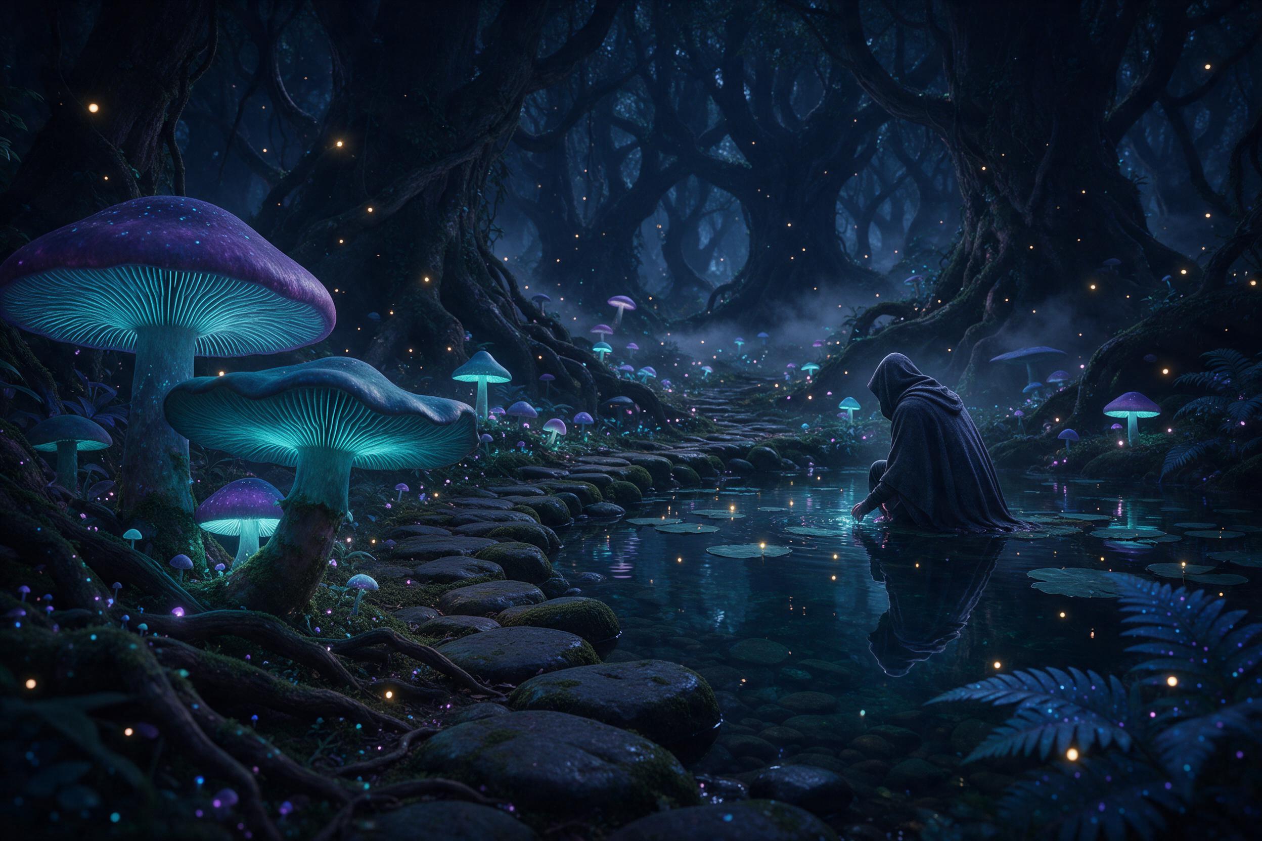 An ancient, glowing forest where massive bioluminescent mushrooms cast soft teal and violet light on a winding path of mossy stones. A solitary hooded figure kneels beside a crystal-clear pond, their reflection distorted by tiny ripples from floating fireflies. Mist curls between giant tree roots, a