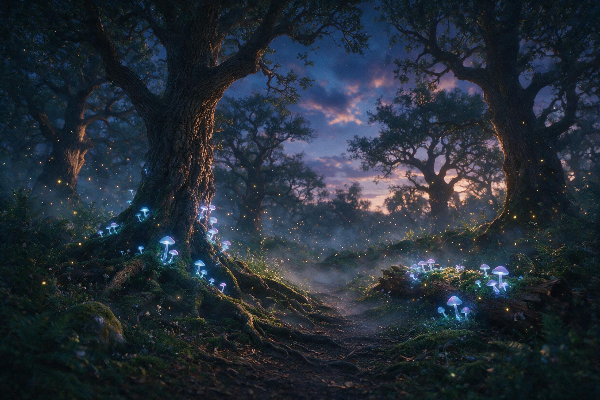 A mystical forest at twilight, bioluminescent mushrooms glow in soft blue and purple hues, ancient oak trees with twisted roots, fireflies float in the air, gentle mist, cinematic lighting, shallow depth of field, slight grain
