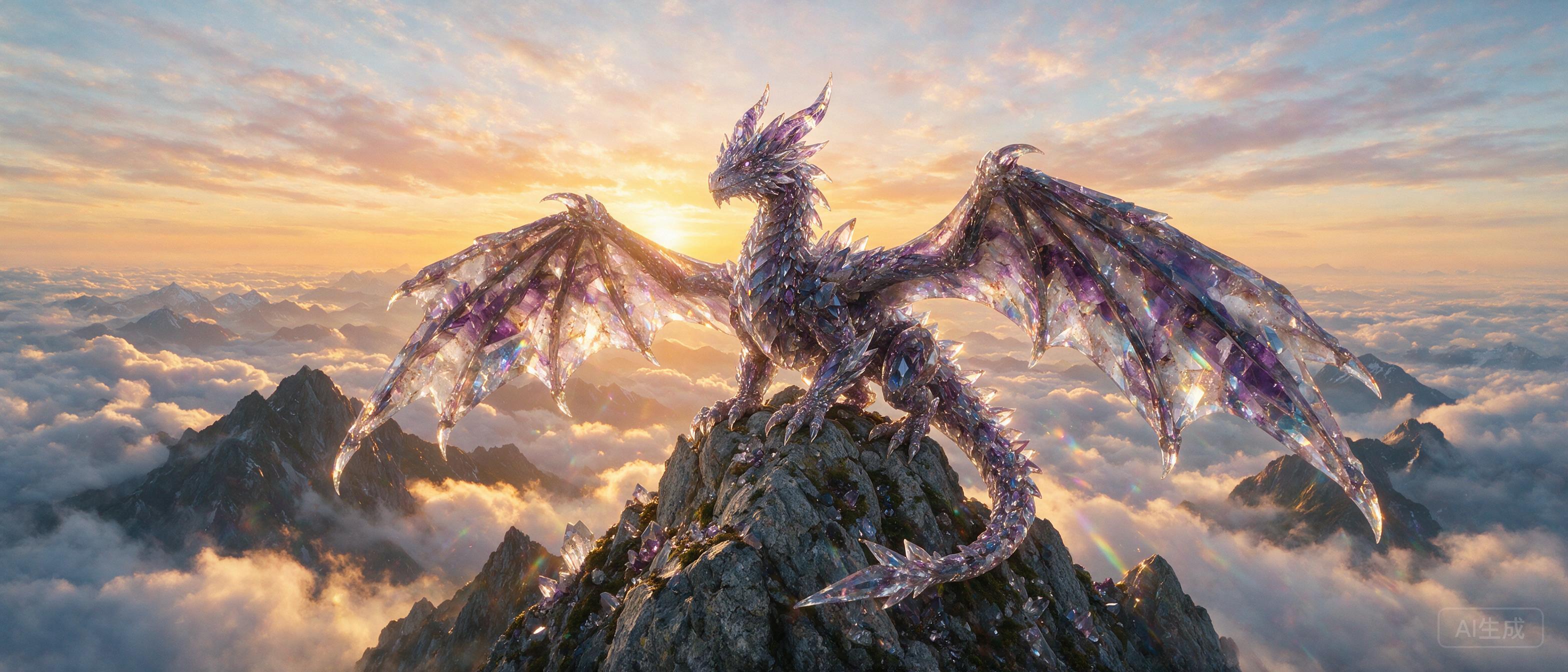 A dragon made of crystalline minerals resting on a mountain peak, sunrise behind it, fantasy epic scale