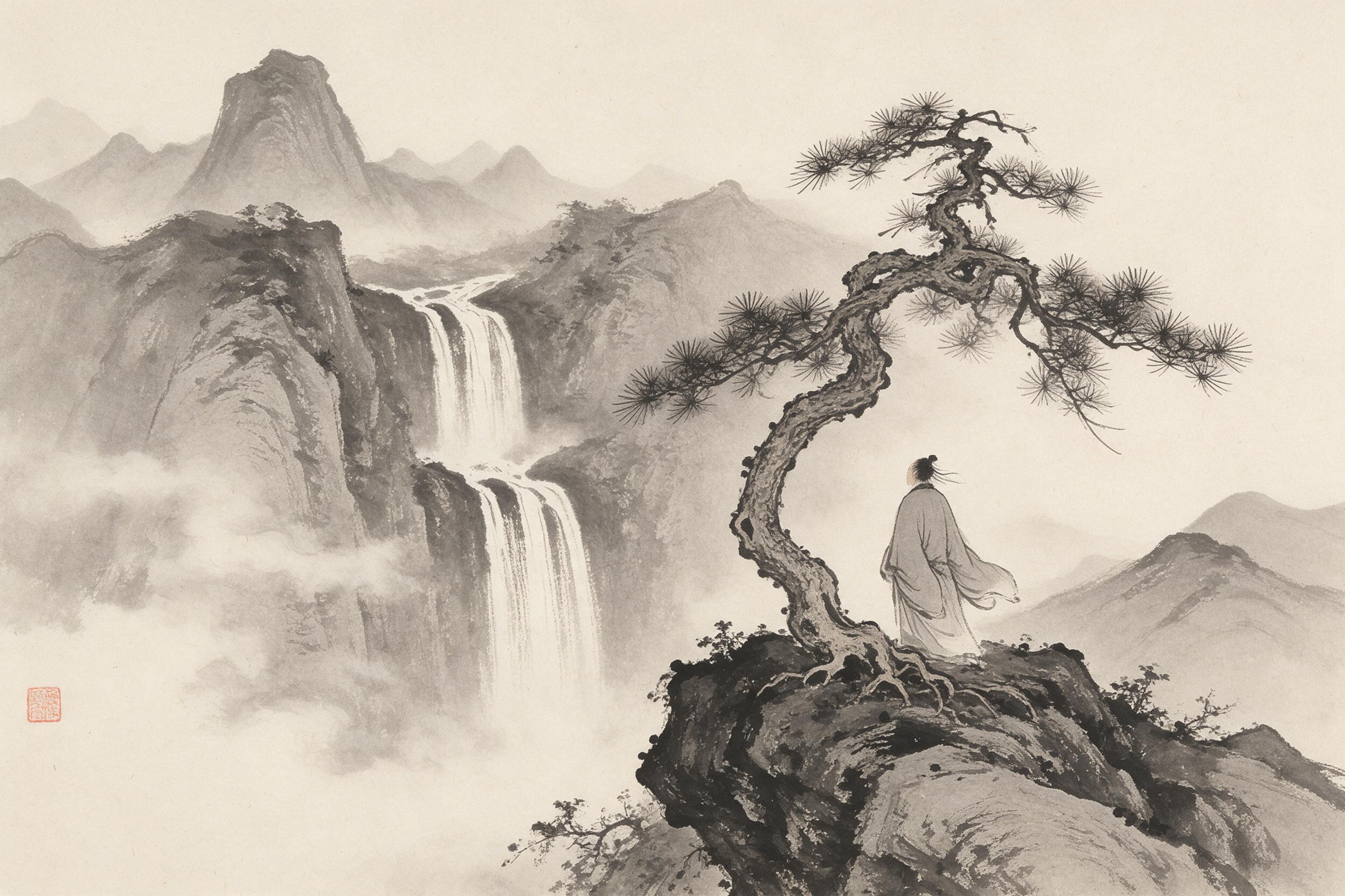 A lone scholar in a flowing robe stands on a rocky cliff beside a twisted pine, gazing at a distant waterfall cascading into a misty valley. Ink wash painting style, soft gray and black tones, negative space suggests mountains fading into fog. Brushstroke texture visible on paper, a small red seal i