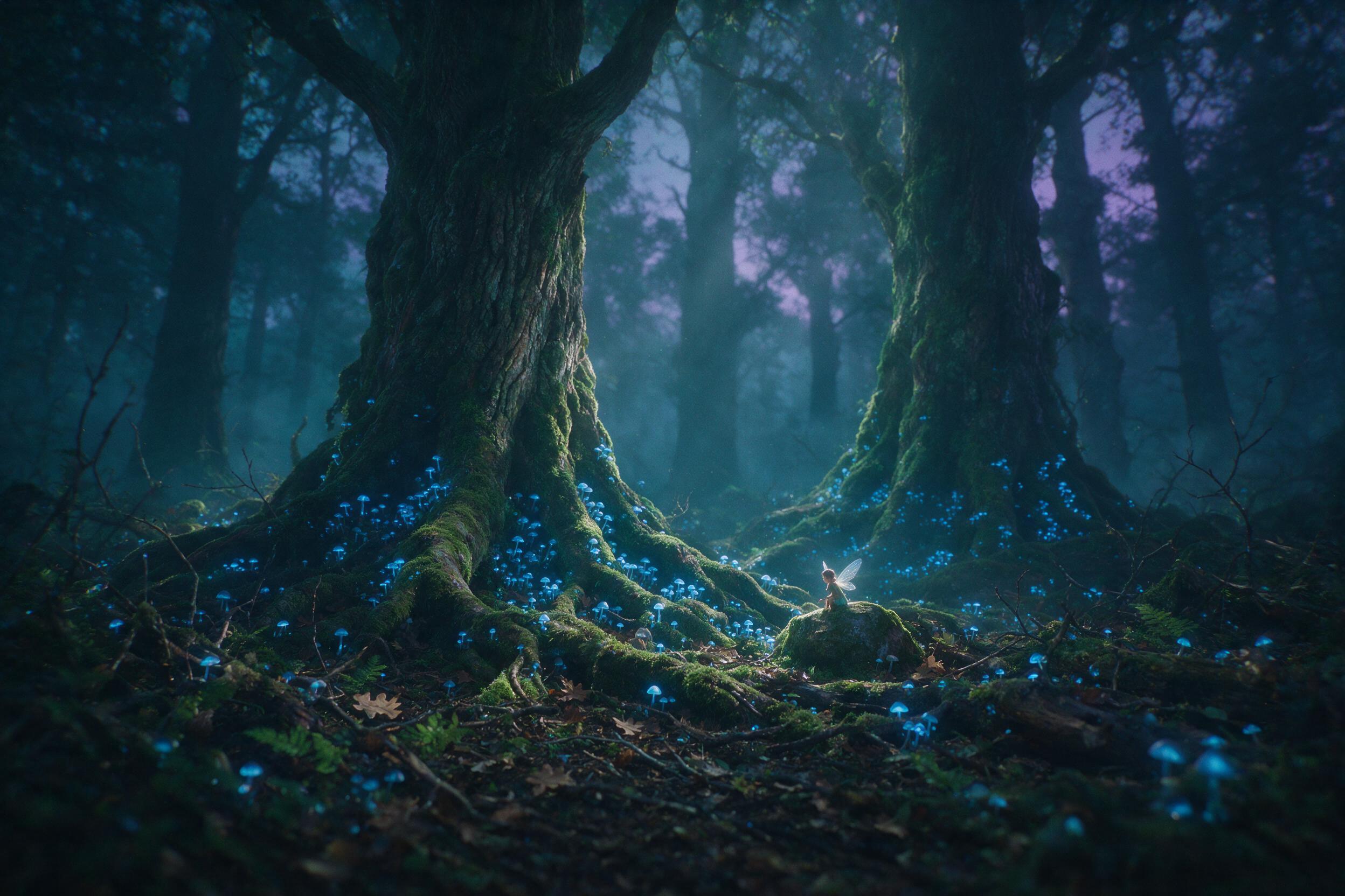 A misty forest at twilight, towering ancient trees with glowing blue mushrooms at their roots, a small fairy with translucent wings perched on a mossy stone, soft volumetric light rays piercing through fog, deep teal and violet palette, shallow depth of field, subtle film grain, no text or watermark