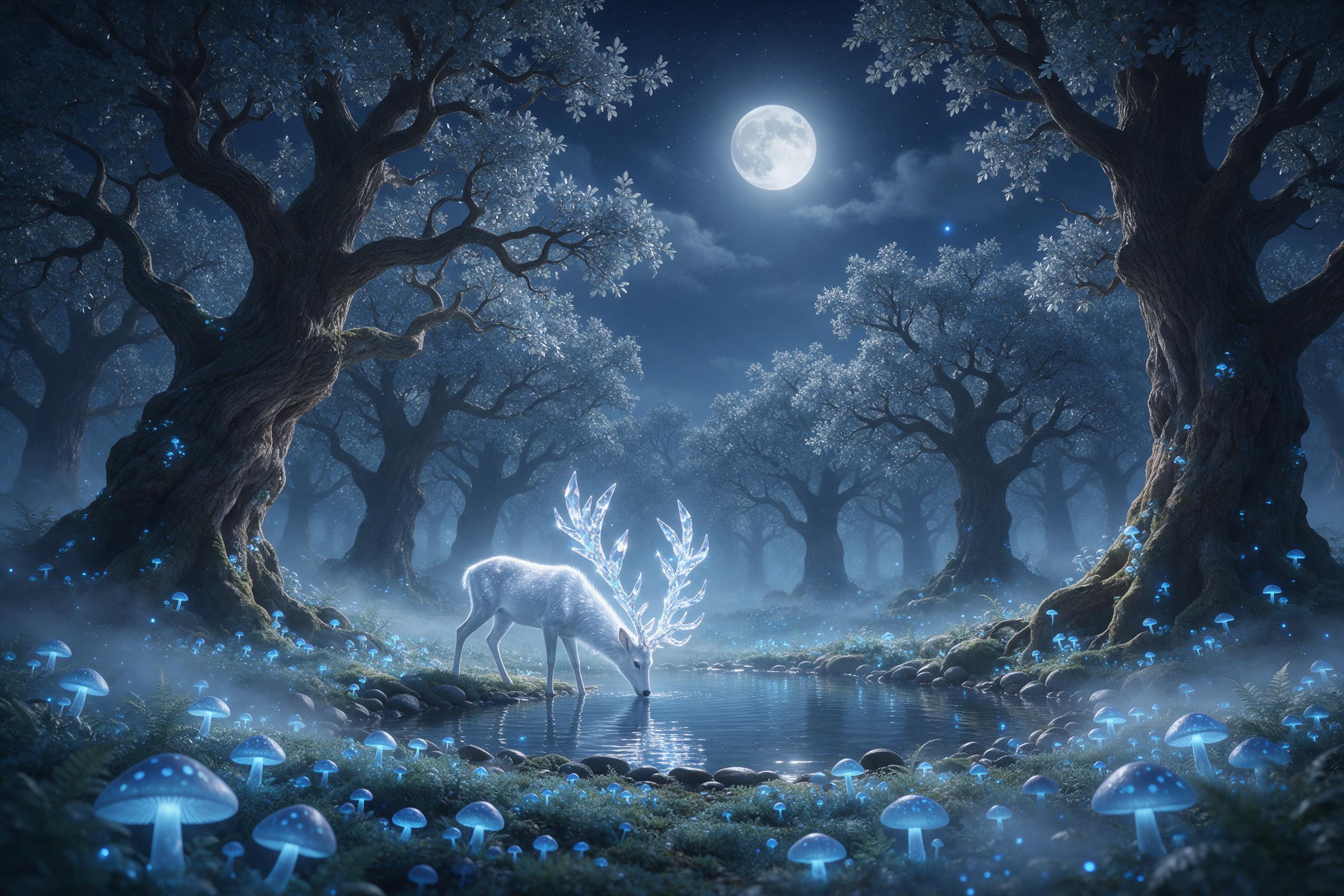 A moonlit enchanted forest clearing, ancient oaks with silver leaves, glowing blue mushrooms carpet the ground, a gentle mist weaves between trunks, a lone stag with antlers of crystal drinks from a shimmering pool, soft dappled light, cinematic composition, dreamy atmosphere