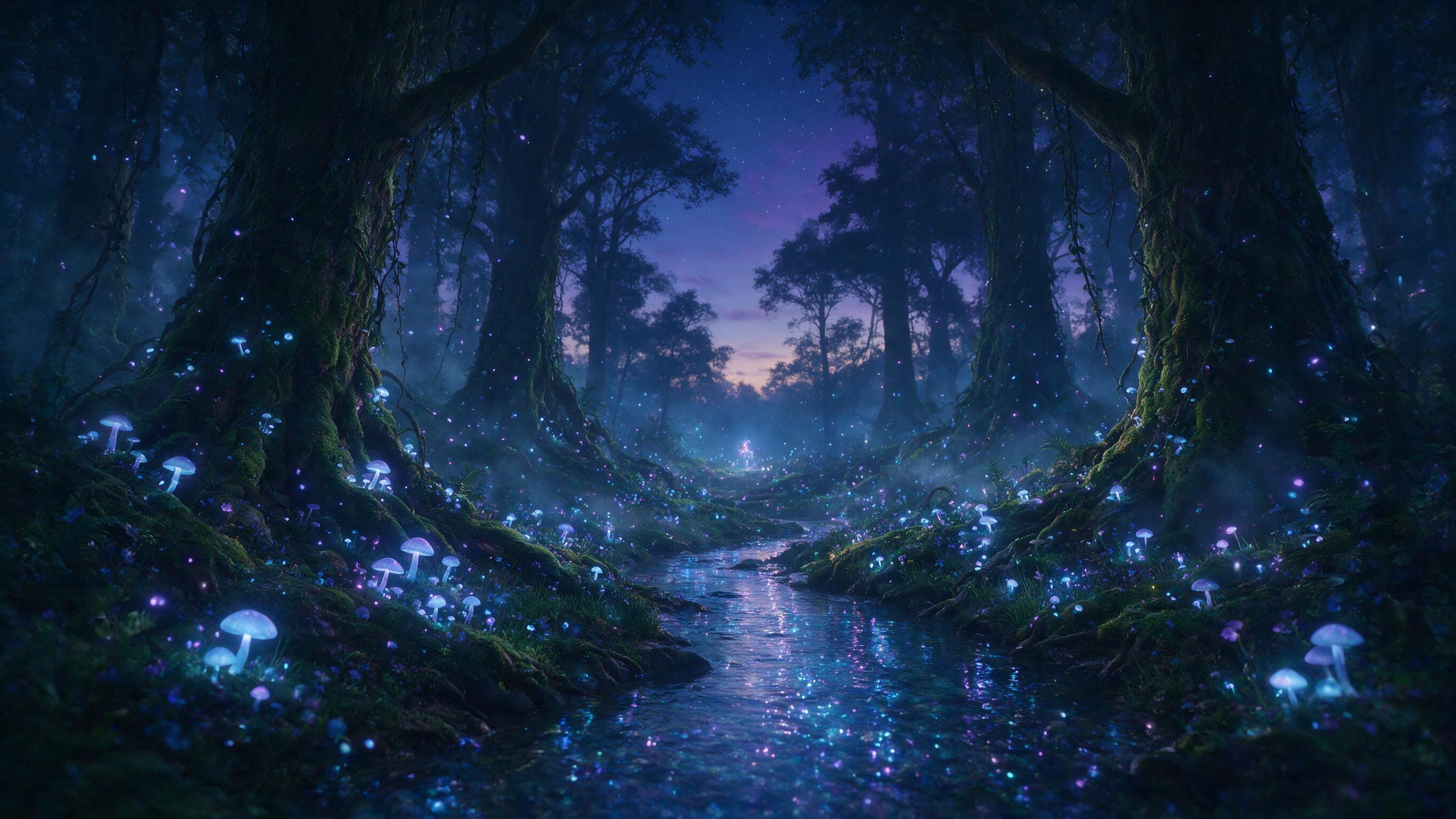 A luminous forest at twilight, bioluminescent mushrooms and fireflies casting soft blue and violet light on ancient mossy trees, a faint mist swirling between twisted roots, shallow depth of field with distant glowing figure, ethereal and dreamlike atmosphere