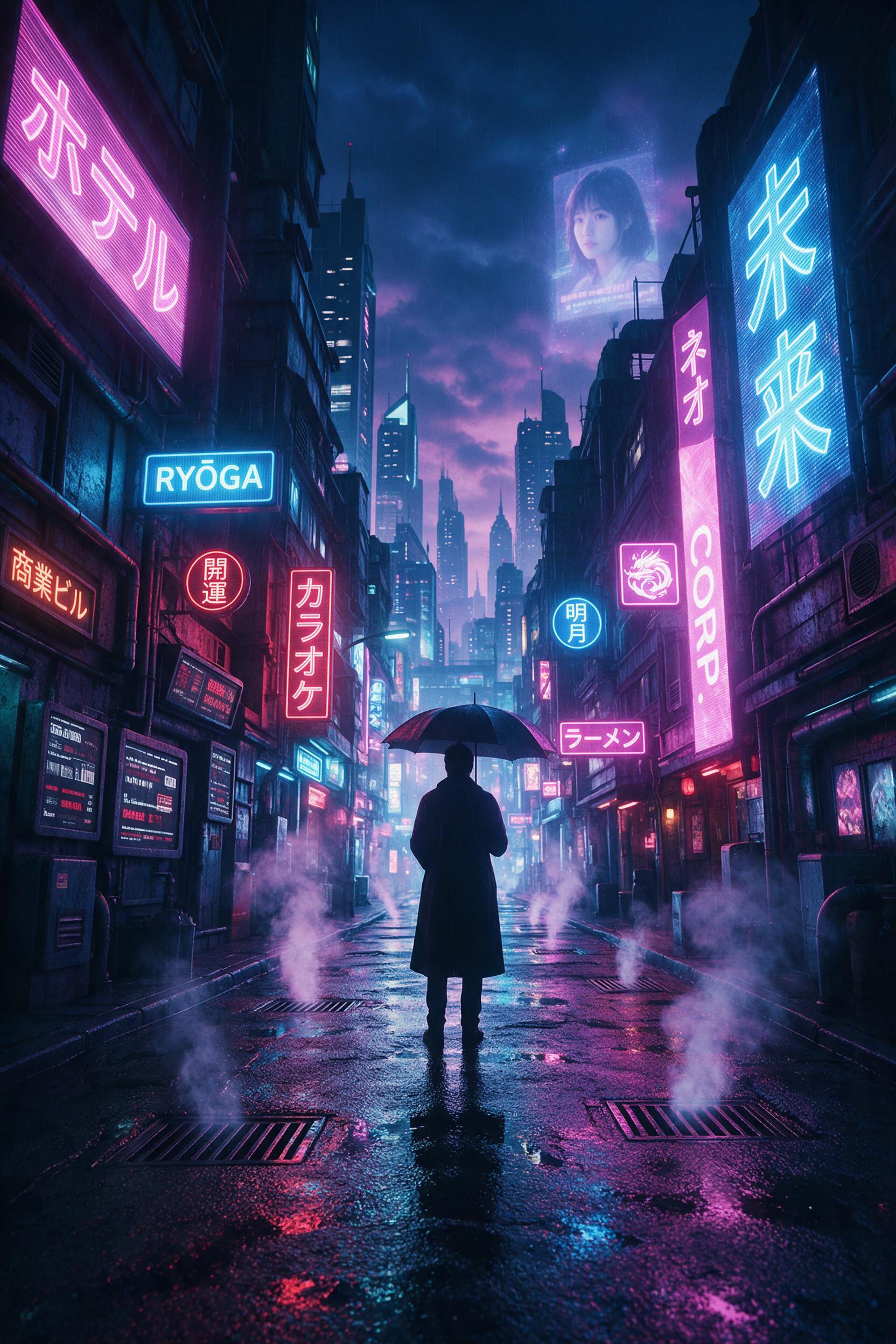 Neon-lit cyberpunk alley in rain, steam rising from vents, holographic kanji signs reflecting on wet pavement, silhouette of a figure with umbrella, moody blue and magenta tones, cinematic depth of field