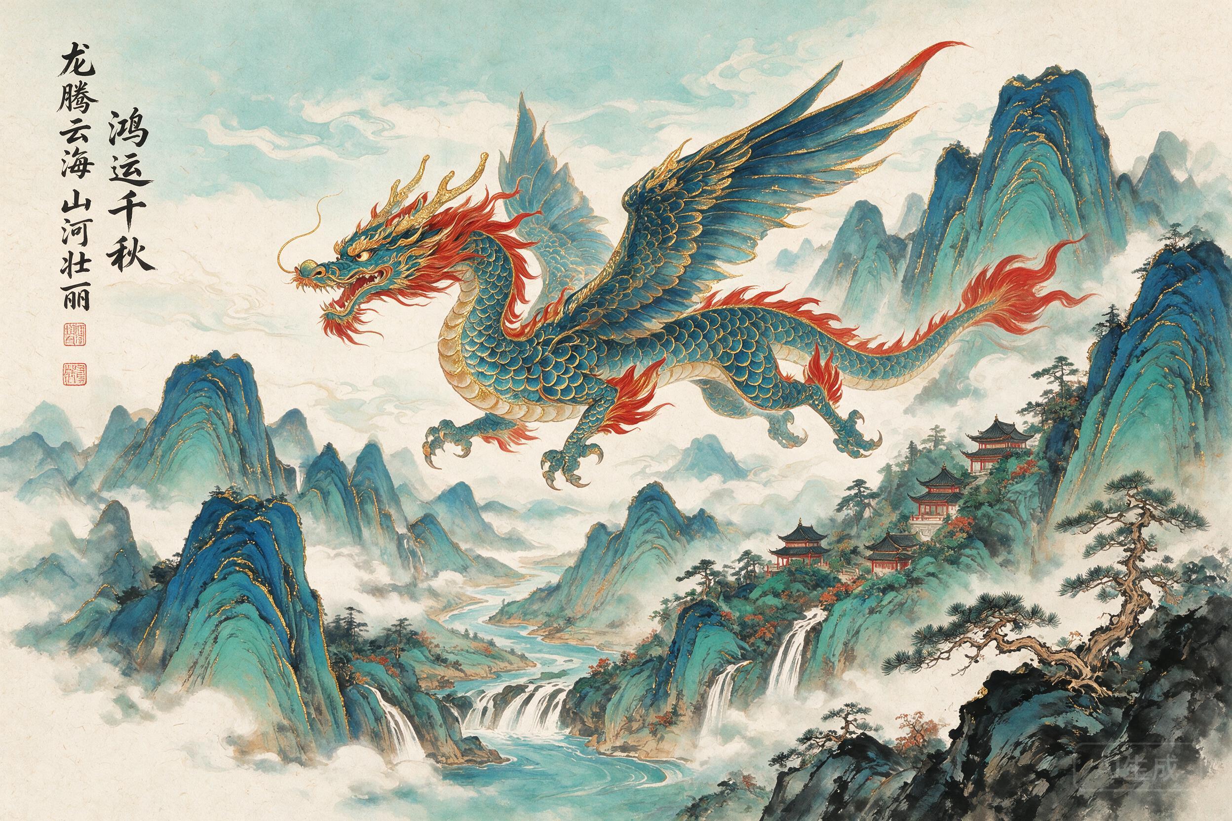 A dragon soaring above cloud-covered mountains, traditional Chinese painting style, gold and red accents, majestic composition